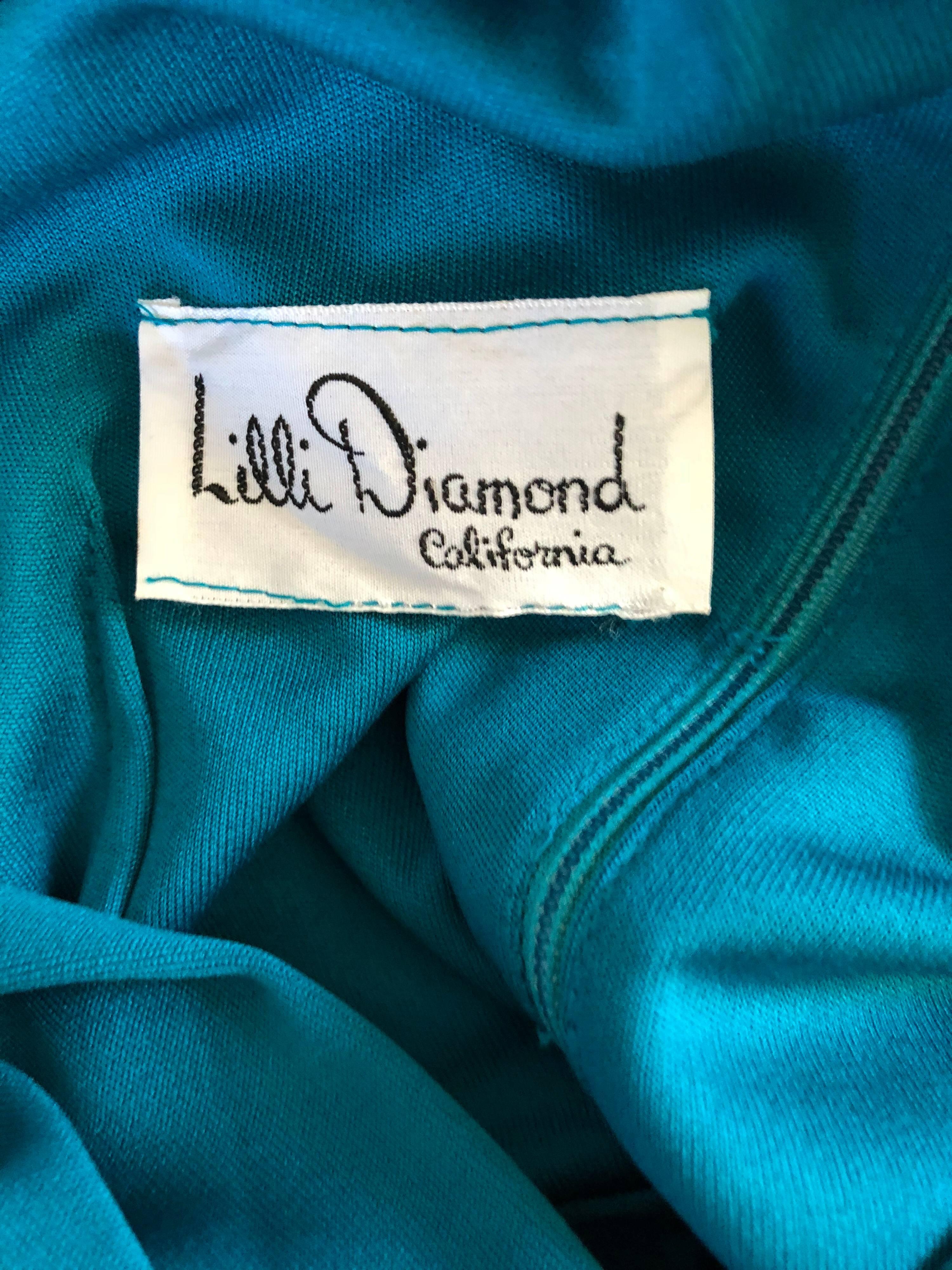 Vintage Lilli Diamond 1970s Teal Blue Long Sleeve 70s Knee Length Jersey Dress For Sale 5
