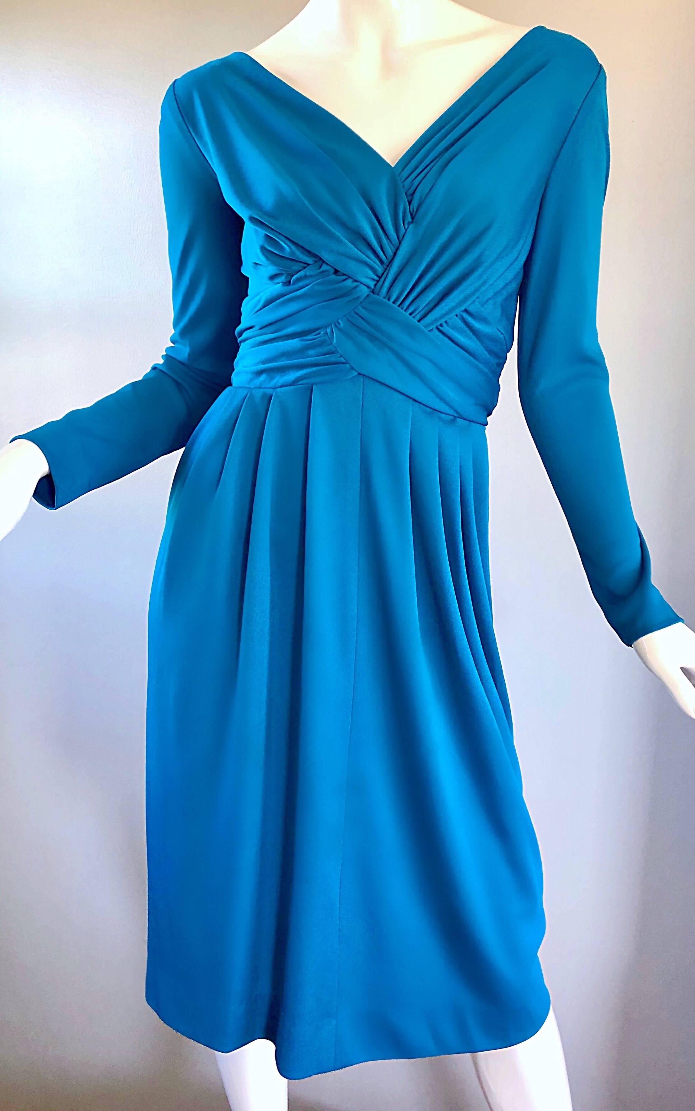Vintage Lilli Diamond 1970s Teal Blue Manica lunga anni '70 Abito in jersey al ginocchio In condizioni ottime in vendita a San Diego, CA