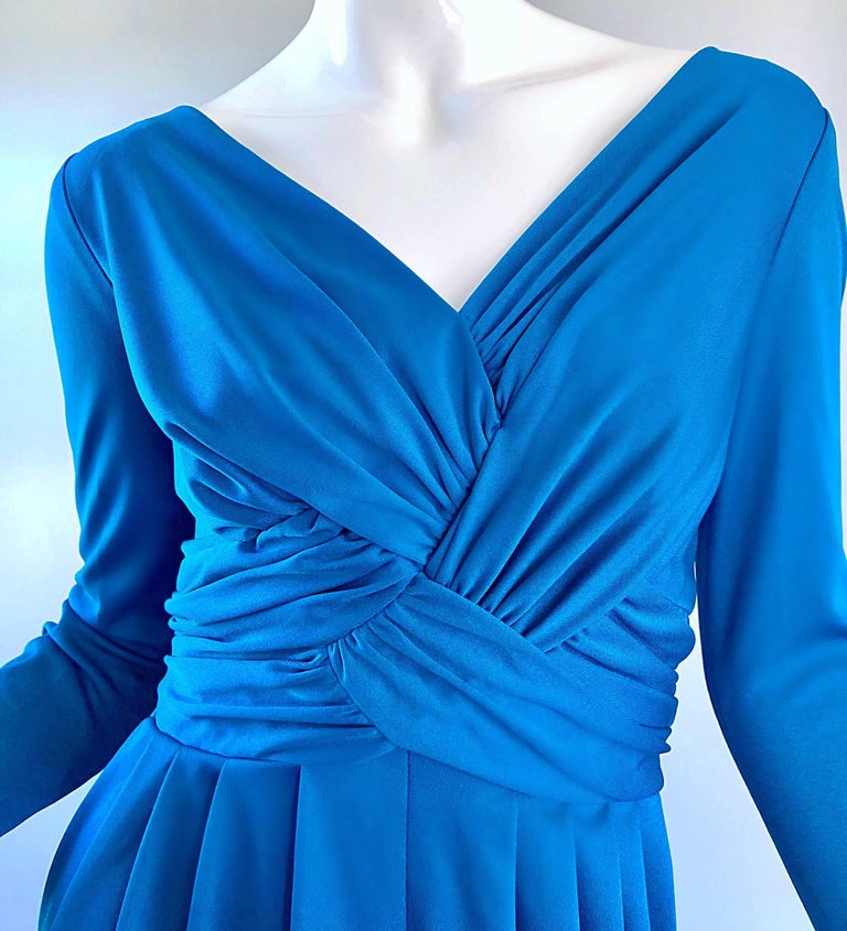 Women's Vintage Lilli Diamond 1970s Teal Blue Long Sleeve 70s Knee Length Jersey Dress For Sale