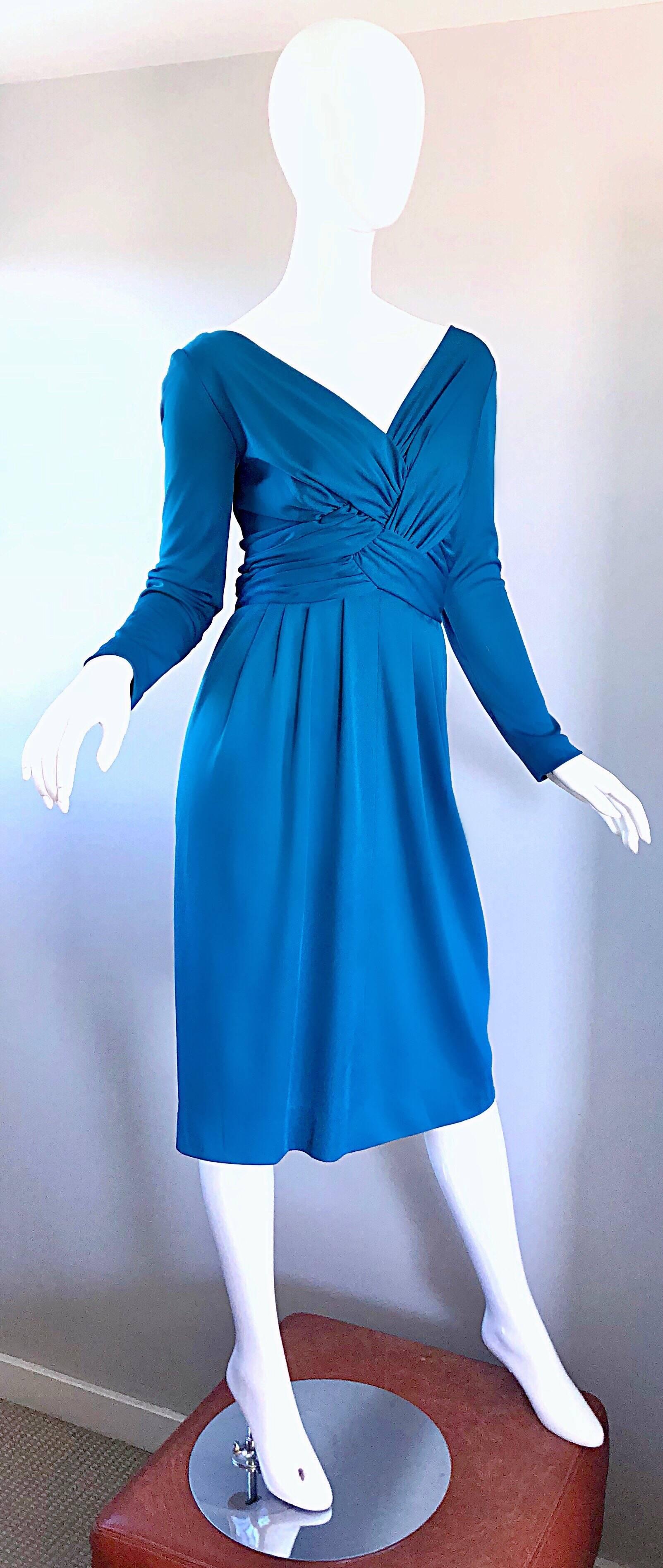 Vintage Lilli Diamond 1970s Teal Blue Long Sleeve 70s Knee Length Jersey Dress For Sale 1
