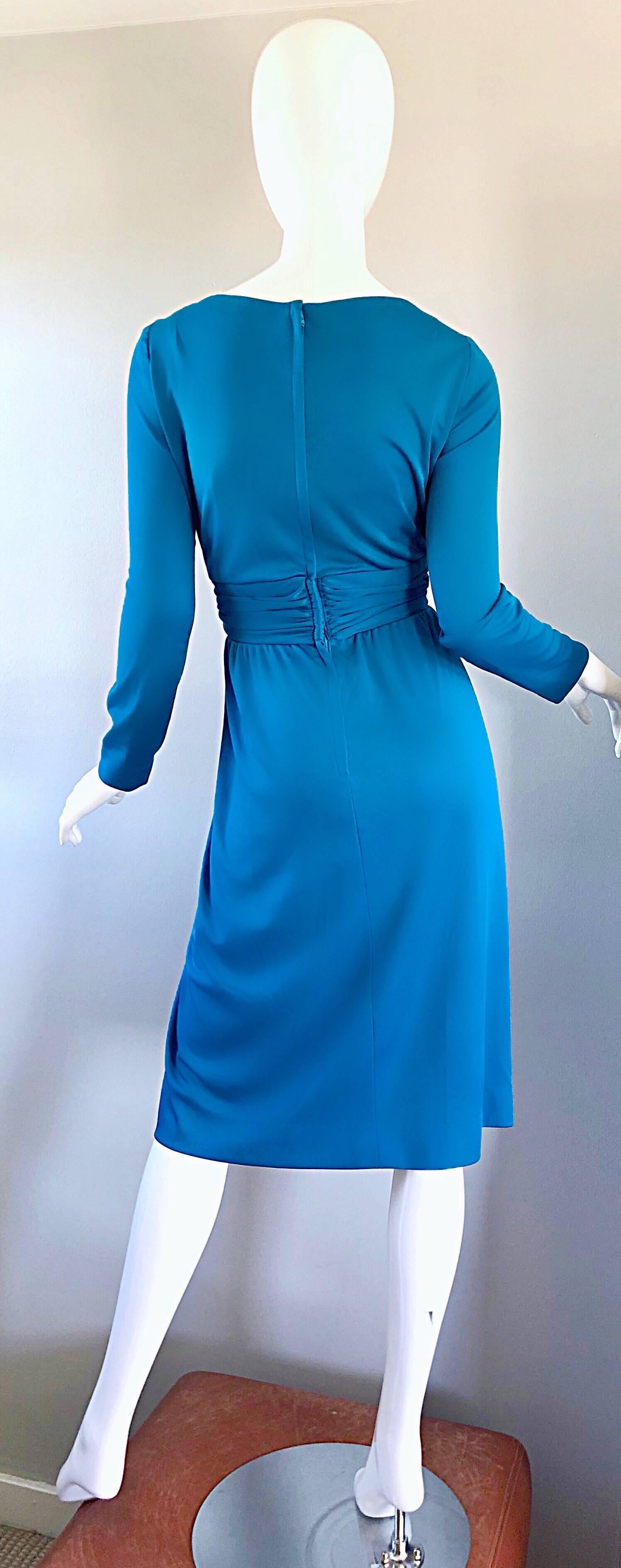 Vintage Lilli Diamond 1970s Teal Blue Long Sleeve 70s Knee Length Jersey Dress For Sale 2