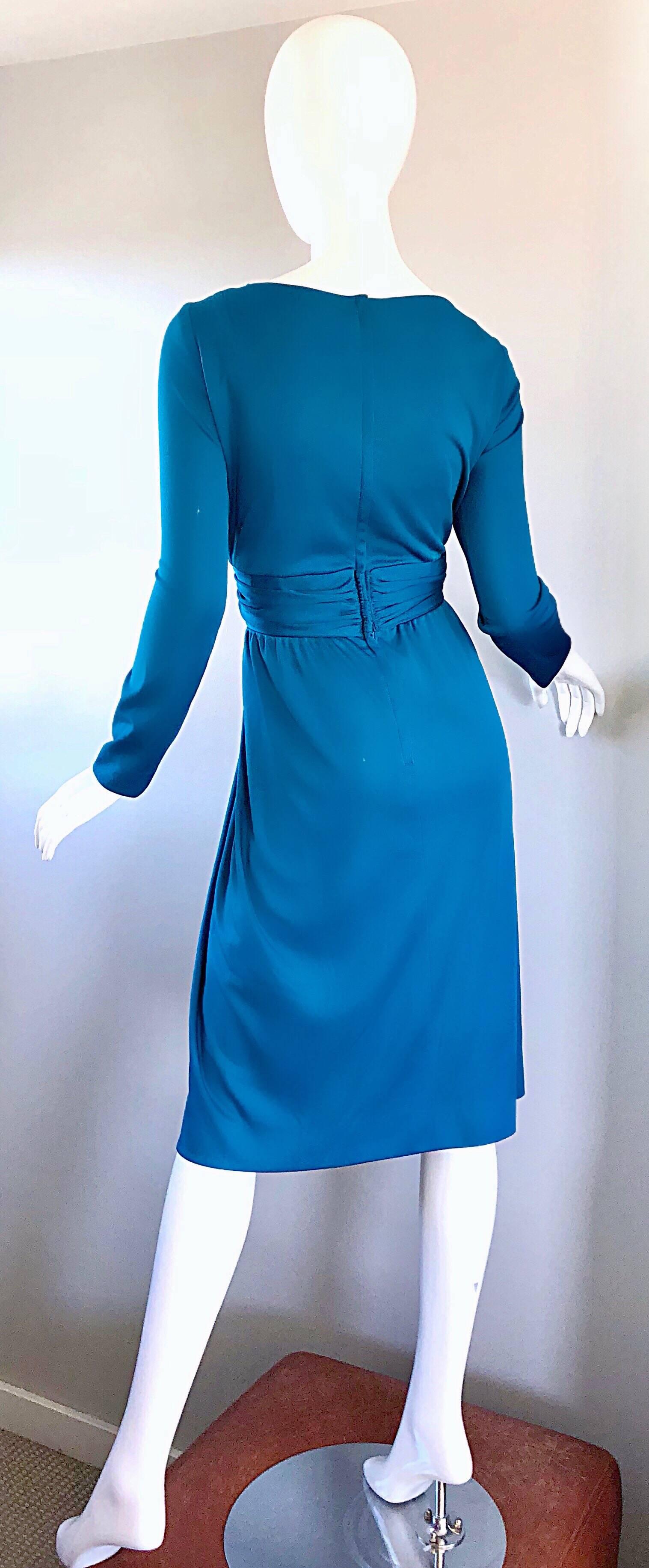 Vintage Lilli Diamond 1970s Teal Blue Long Sleeve 70s Knee Length Jersey Dress For Sale 3