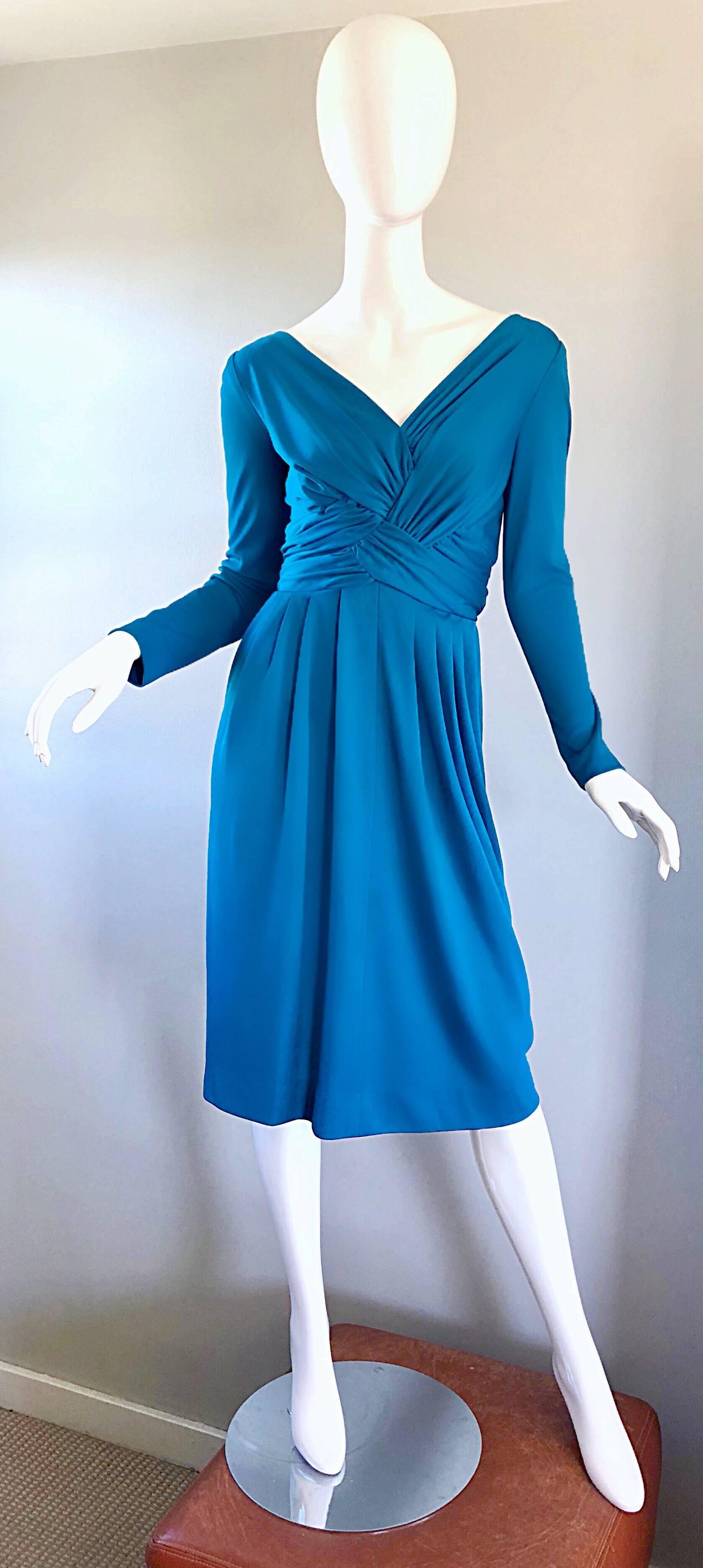 Vintage Lilli Diamond 1970s Teal Blue Long Sleeve 70s Knee Length Jersey Dress For Sale 4