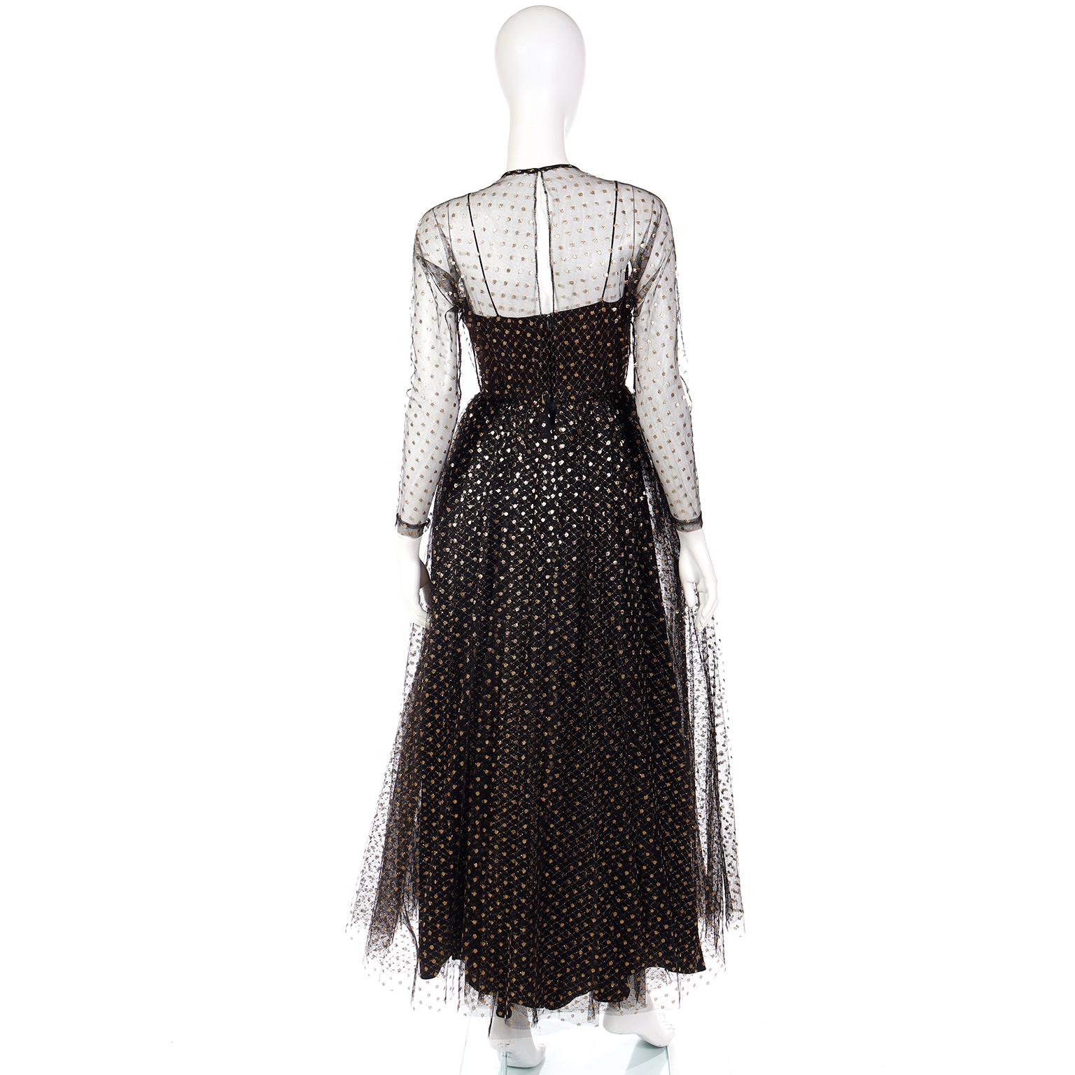 Vintage Lillie Rubin 1970s Black Tulle Dress With Gold Dots In Excellent Condition For Sale In Portland, OR