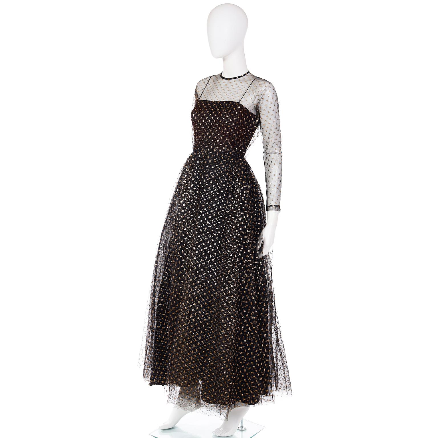 Women's Vintage Lillie Rubin 1970s Black Tulle Dress With Gold Dots For Sale