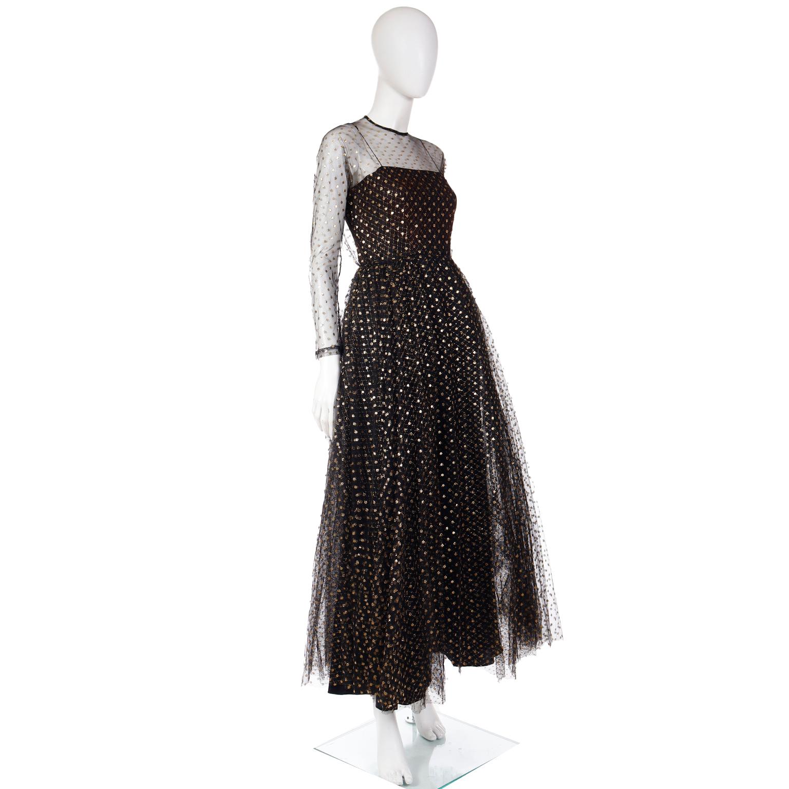 Vintage Lillie Rubin 1970s Black Tulle Dress With Gold Dots For Sale 1