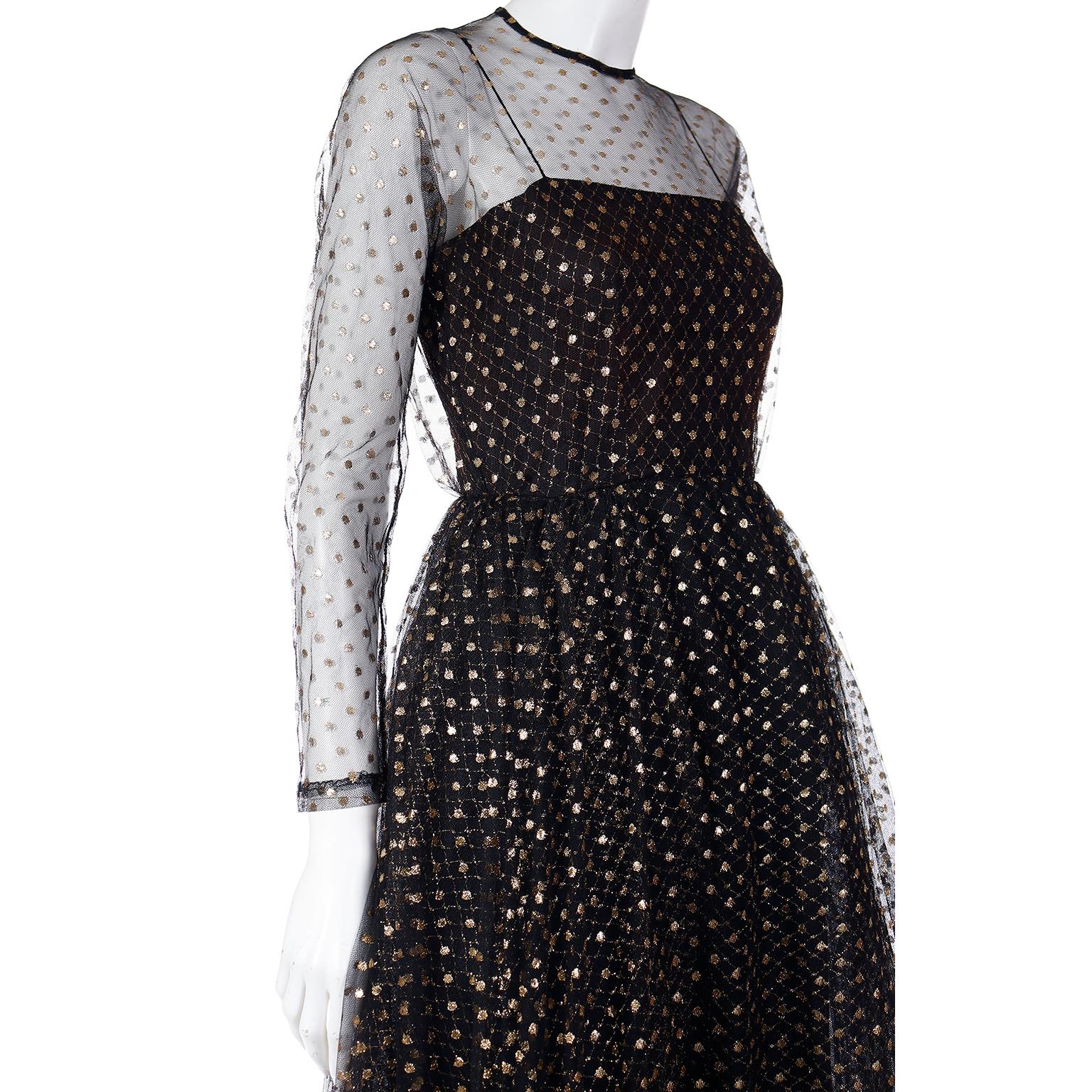 Vintage Lillie Rubin 1970s Black Tulle Dress With Gold Dots For Sale 2