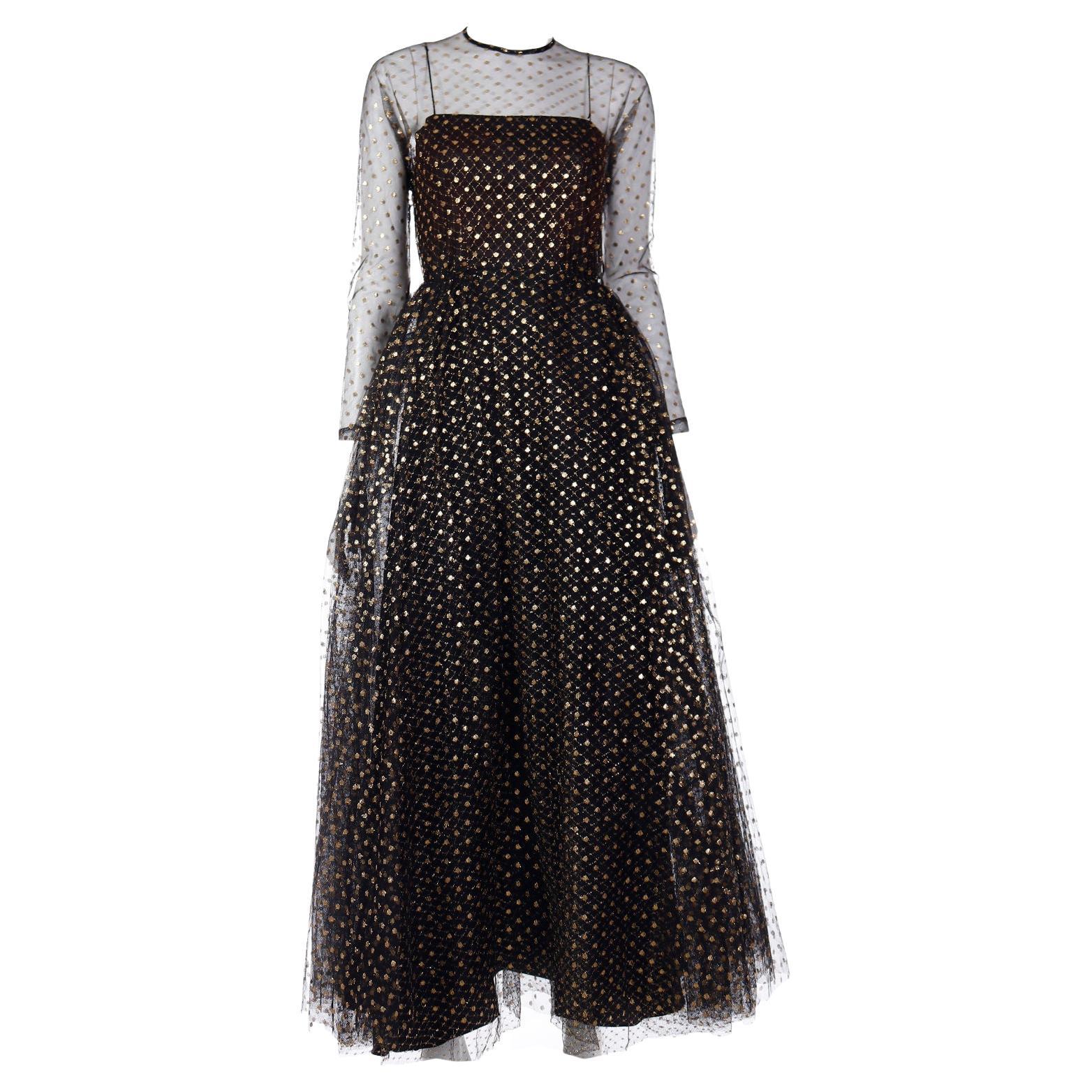 Vintage Lillie Rubin 1970s Black Tulle Dress With Gold Dots For Sale