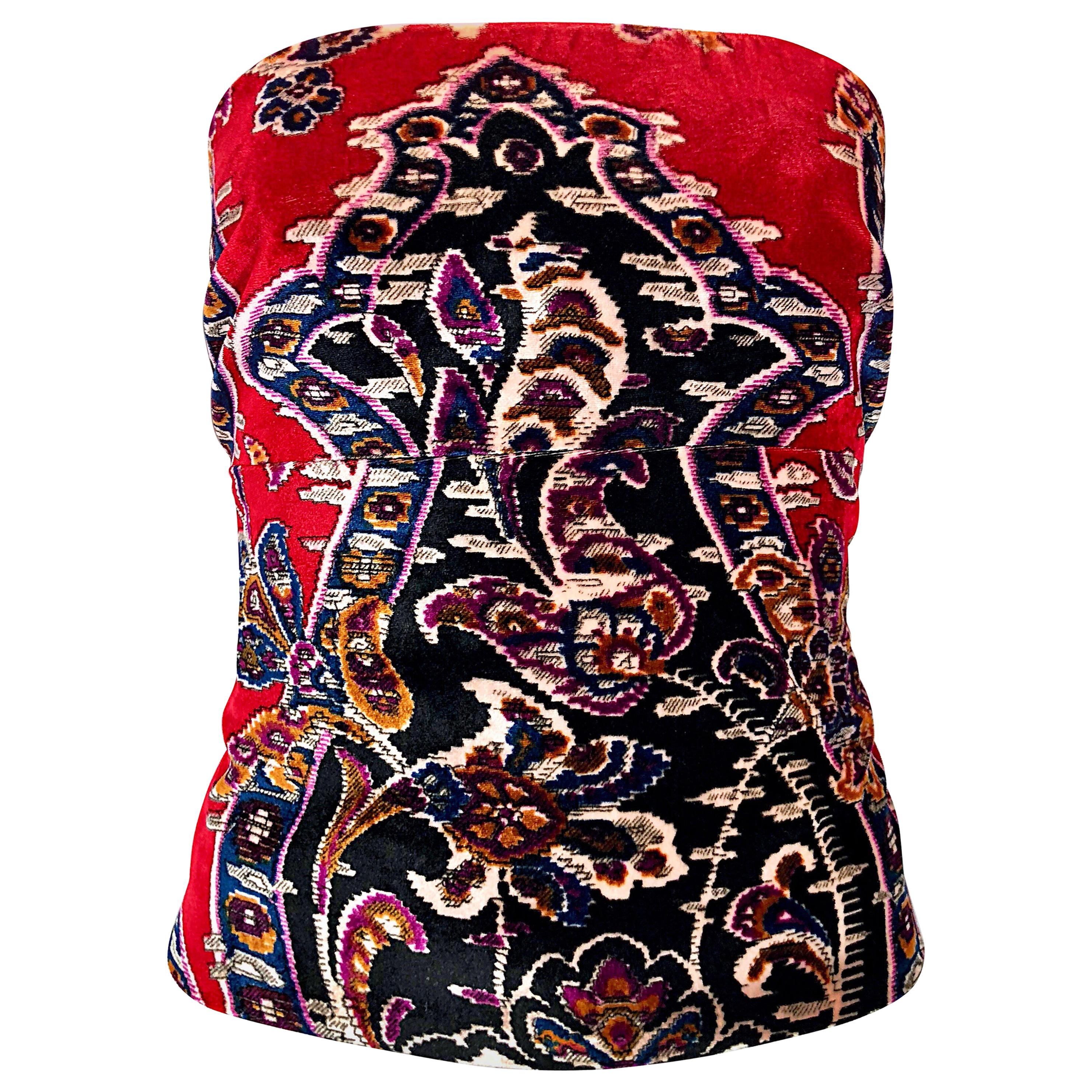 Vintage Lillie Rubin 1990s Red Tapestry Velvet  Strapless Bustier 90s Top Corset For Sale