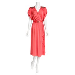 Vintage Lillie Rubin Coral Jersey Cocktail Dress with Beaded Shoulders Late 70s