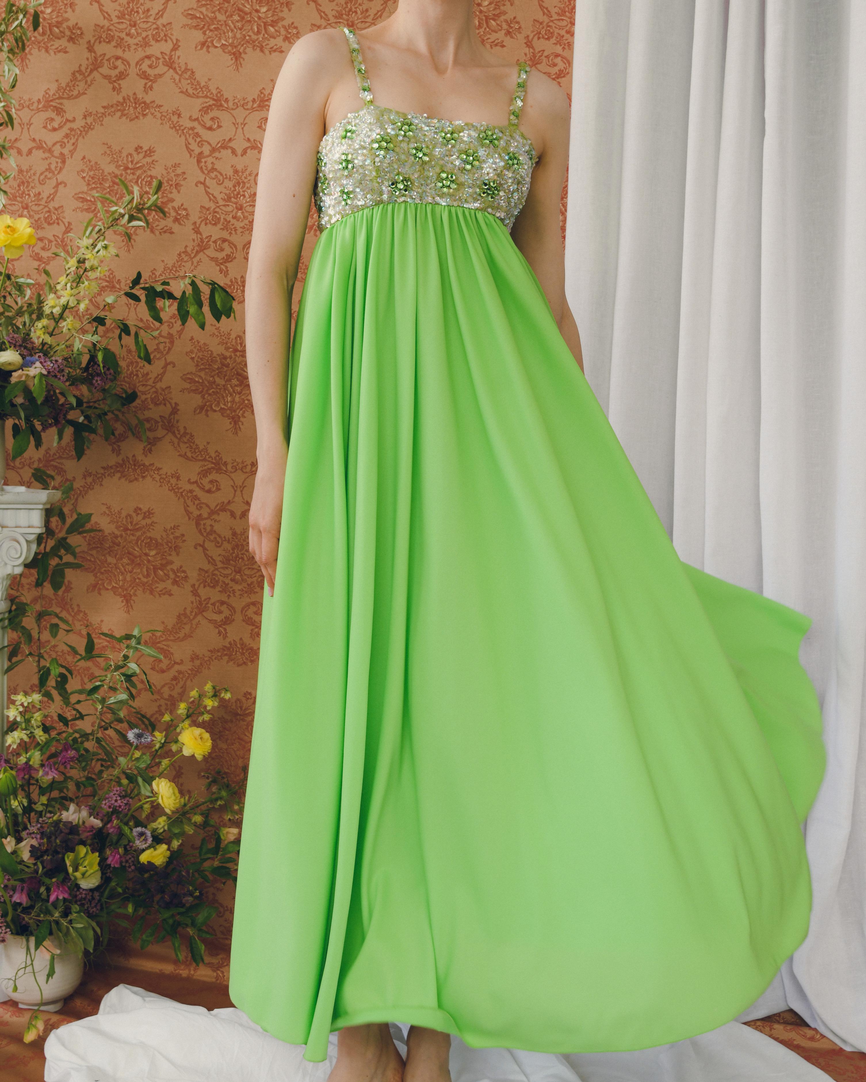Green Vintage Lillie Rubin Empire Waist Embellished Gown With Matching Shawl For Sale