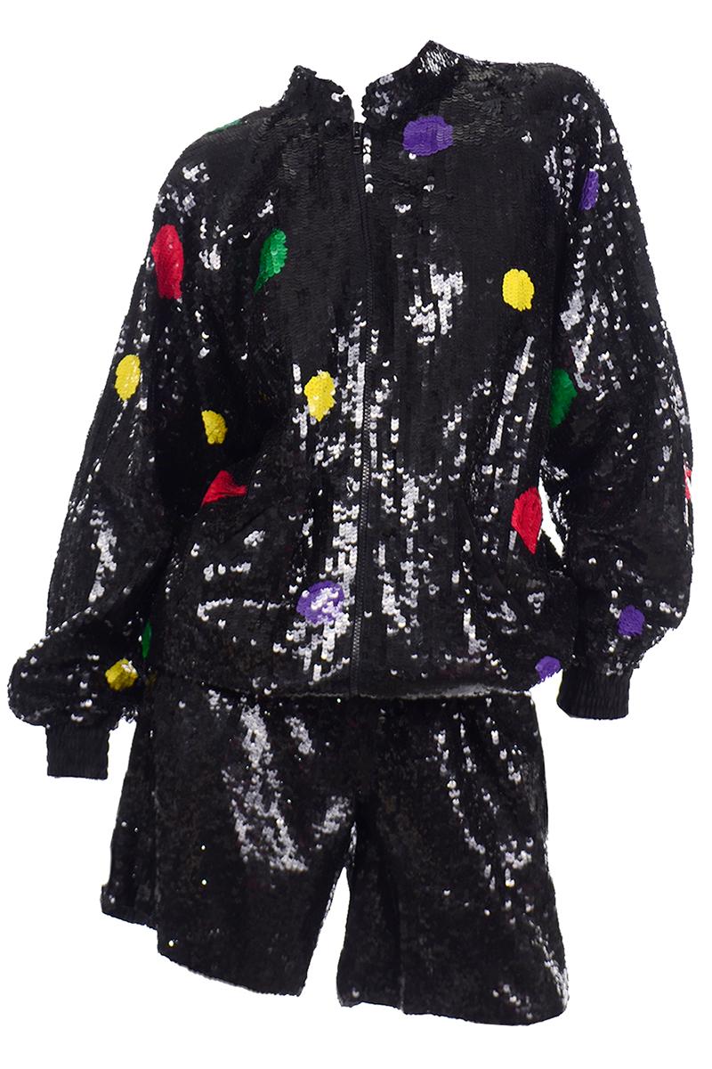 Vintage Lillie Rubin Sequin Shorts & Zip Sweatshirt Jacket Suit W Polka Dots In Excellent Condition For Sale In Portland, OR