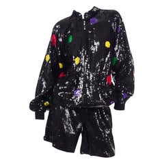 Vintage Lillie Rubin Sequin Shorts & Zip Sweatshirt Jacket Suit W Polka Dots