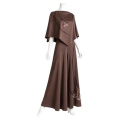 Vintage Lillie Rubin Taupe Jersey Palazzo Jumpsuit with Capelet 1970s Rare