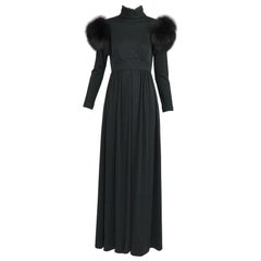 Vintage Lillie Rubin Victorian Inspired Black Jersey with Fur Shoulders 1970s