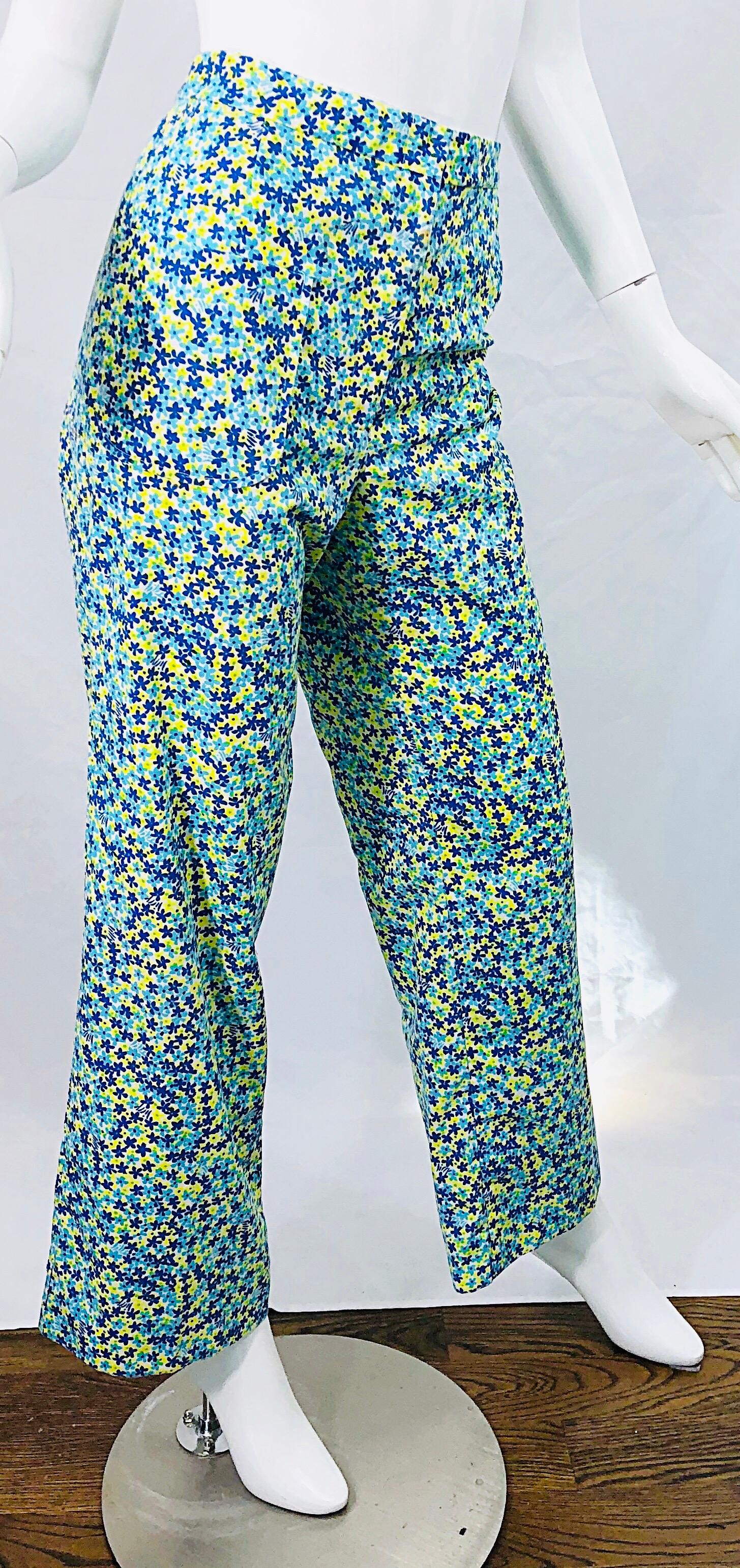 Women's Vintage Lilly Pulitzer 1970s High Waisted Blue + Yellow + Turquoise Bell Bottoms