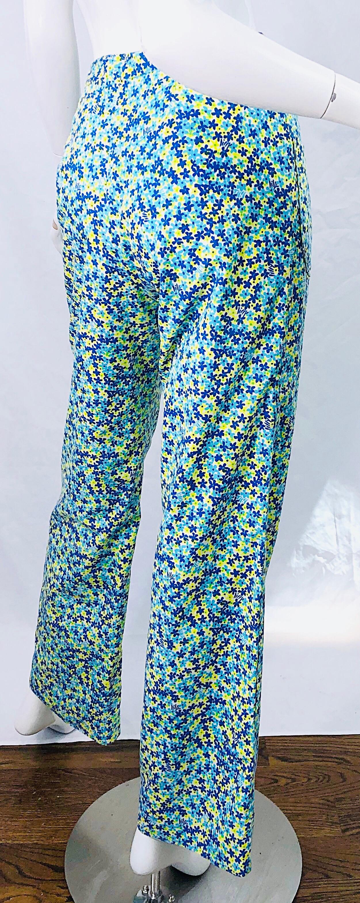 Vintage Lilly Pulitzer 1970s High Waisted Blue + Yellow + Turquoise Bell Bottoms 2