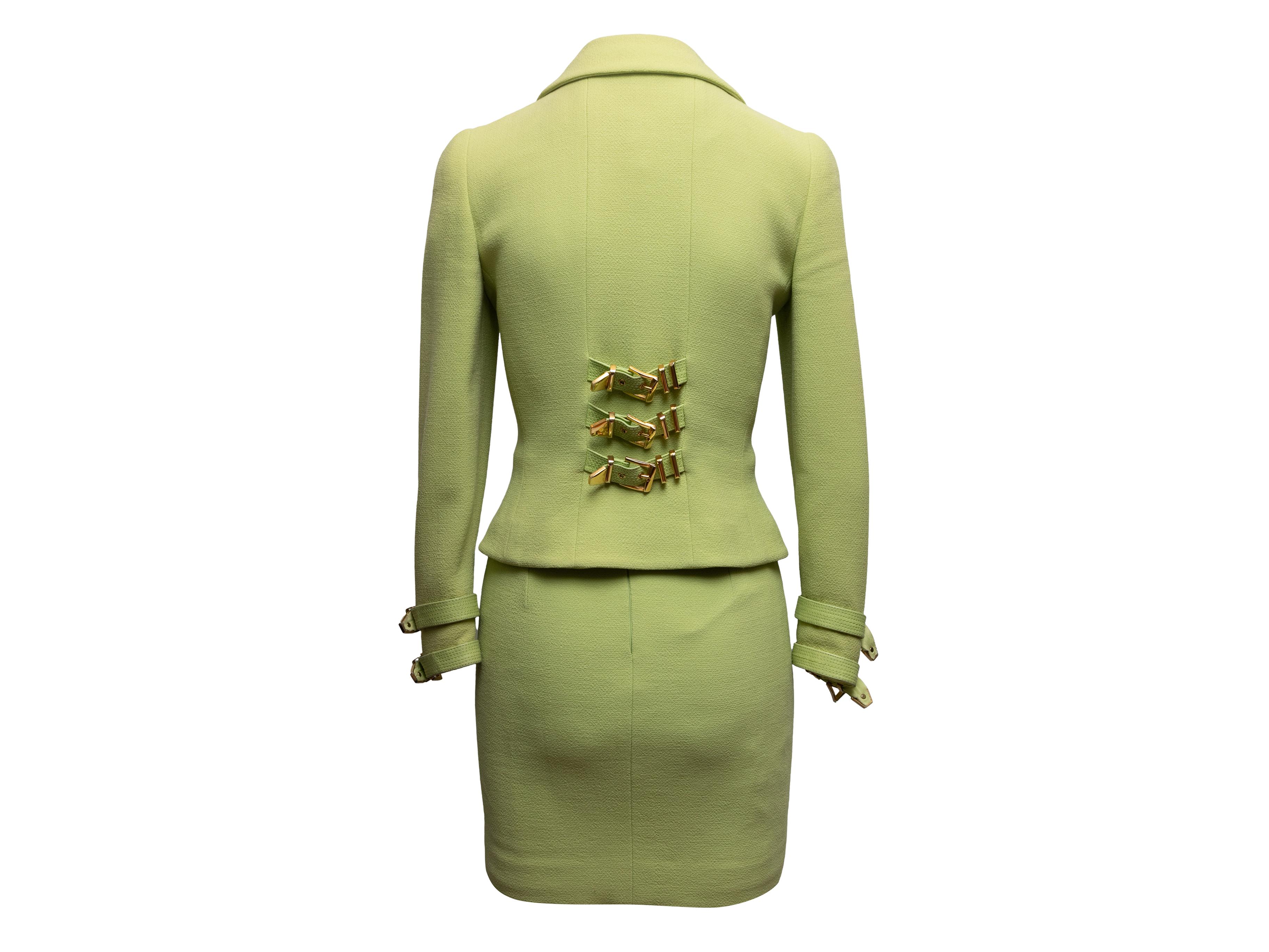 Vintage Lime Green Gianni Versace Couture Fall/Winter 1992 Buckle Skirt Suit Siz In Good Condition For Sale In New York, NY