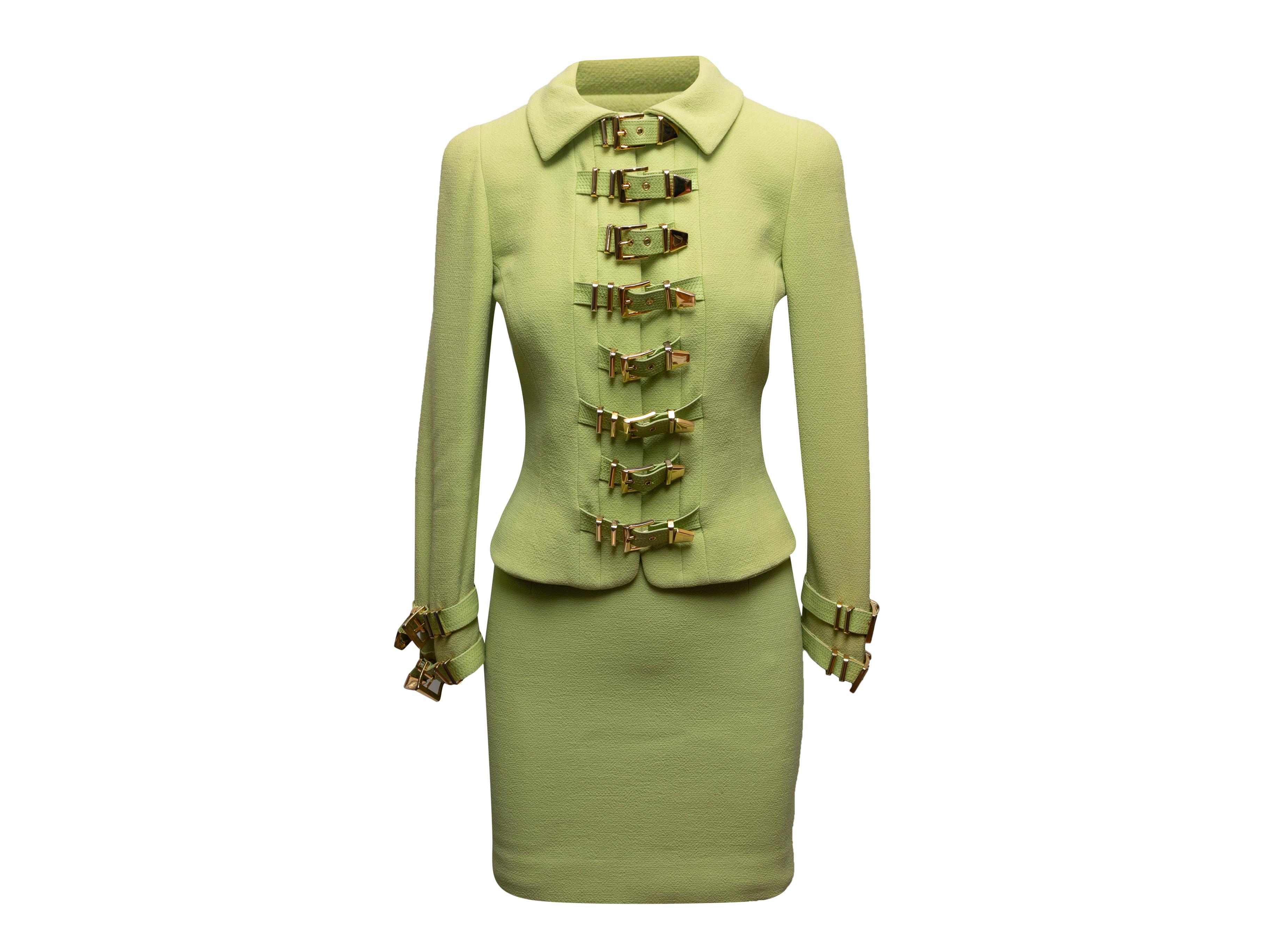 Vintage Lime Green Gianni Versace Couture Fall/Winter 1992 Buckle Skirt Suit Siz For Sale 1