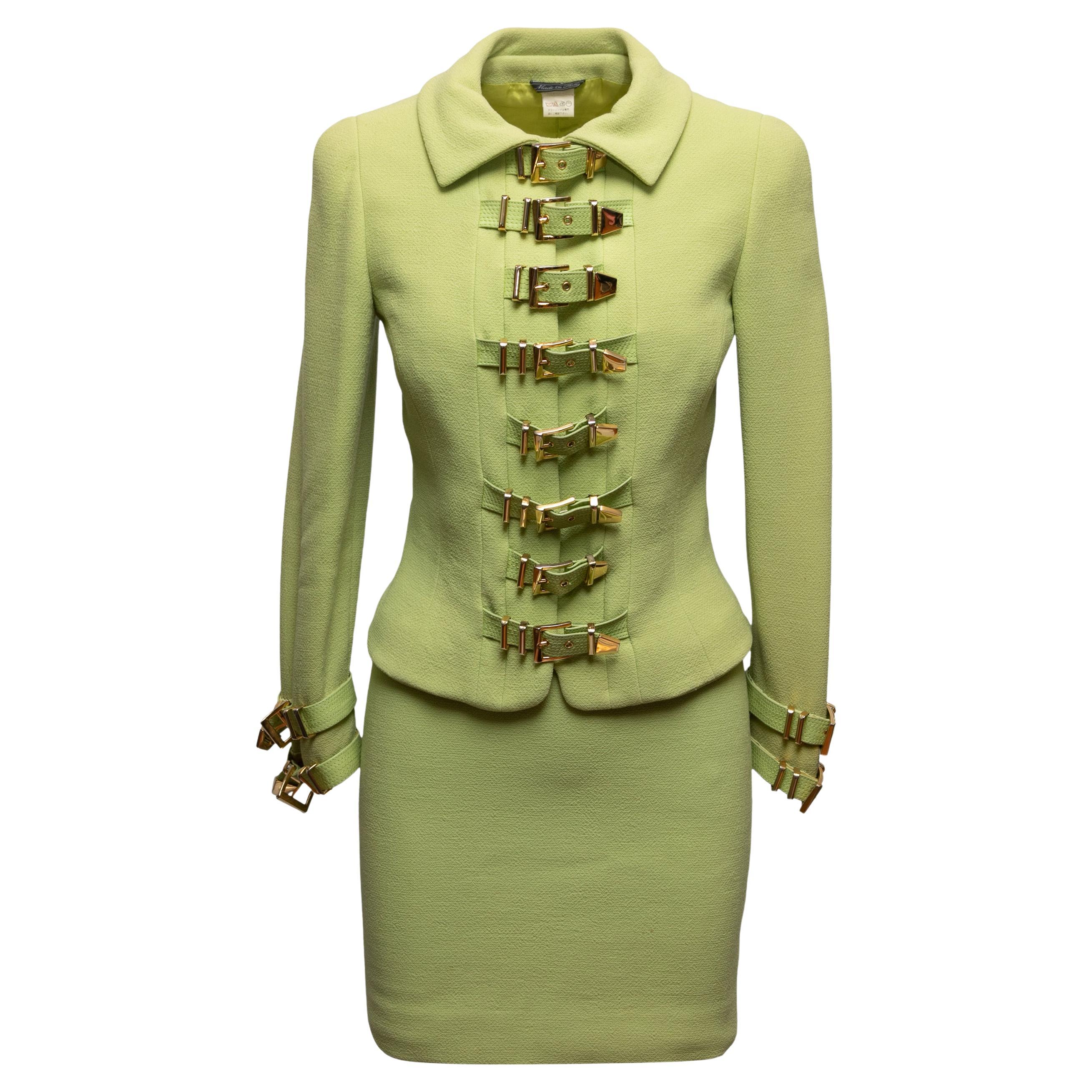 Vintage Lime Green Gianni Versace Couture Fall/Winter 1992 Buckle Skirt Suit Siz For Sale