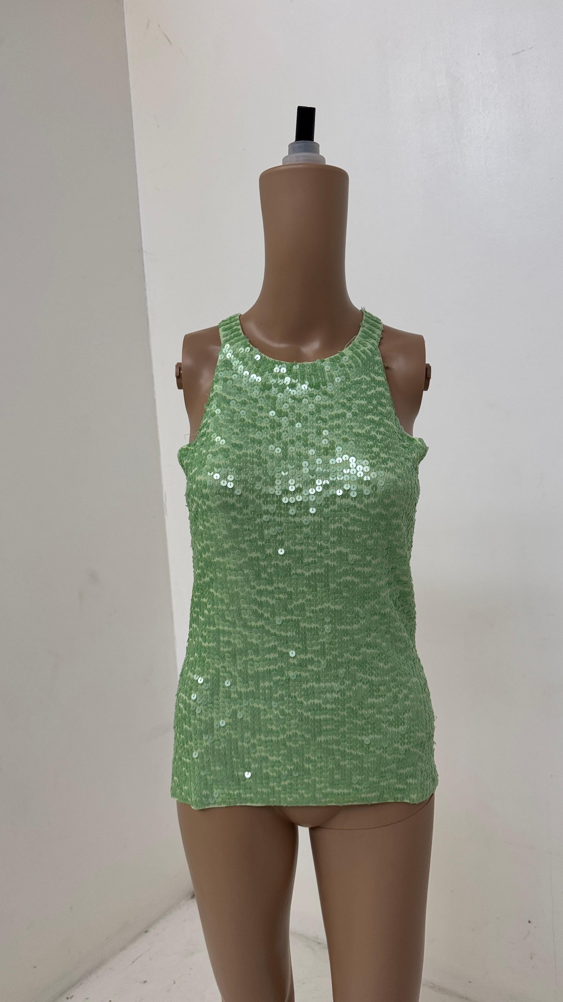 Vintage lime green sequined knit tank top featuring a minimalist silhouette with a bold personality. The front panel is entirely covered in shimmering tonal sequins, creating a dazzling visual effect that contrasts beautifully with the soft, ribbed