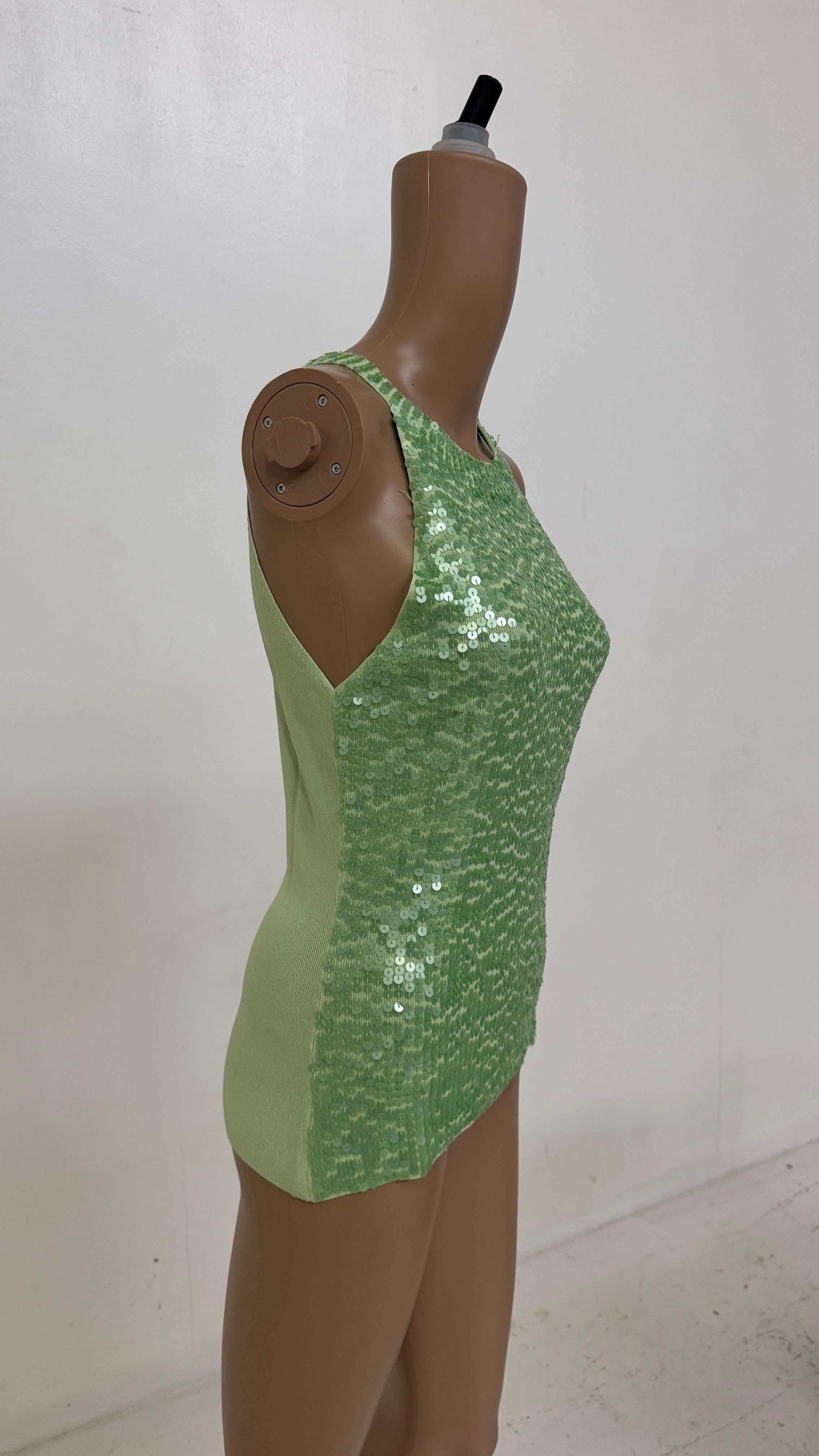 Gray Vintage Lime Green Knit Tank Top with Allover Sequins - We pay for import duty! For Sale