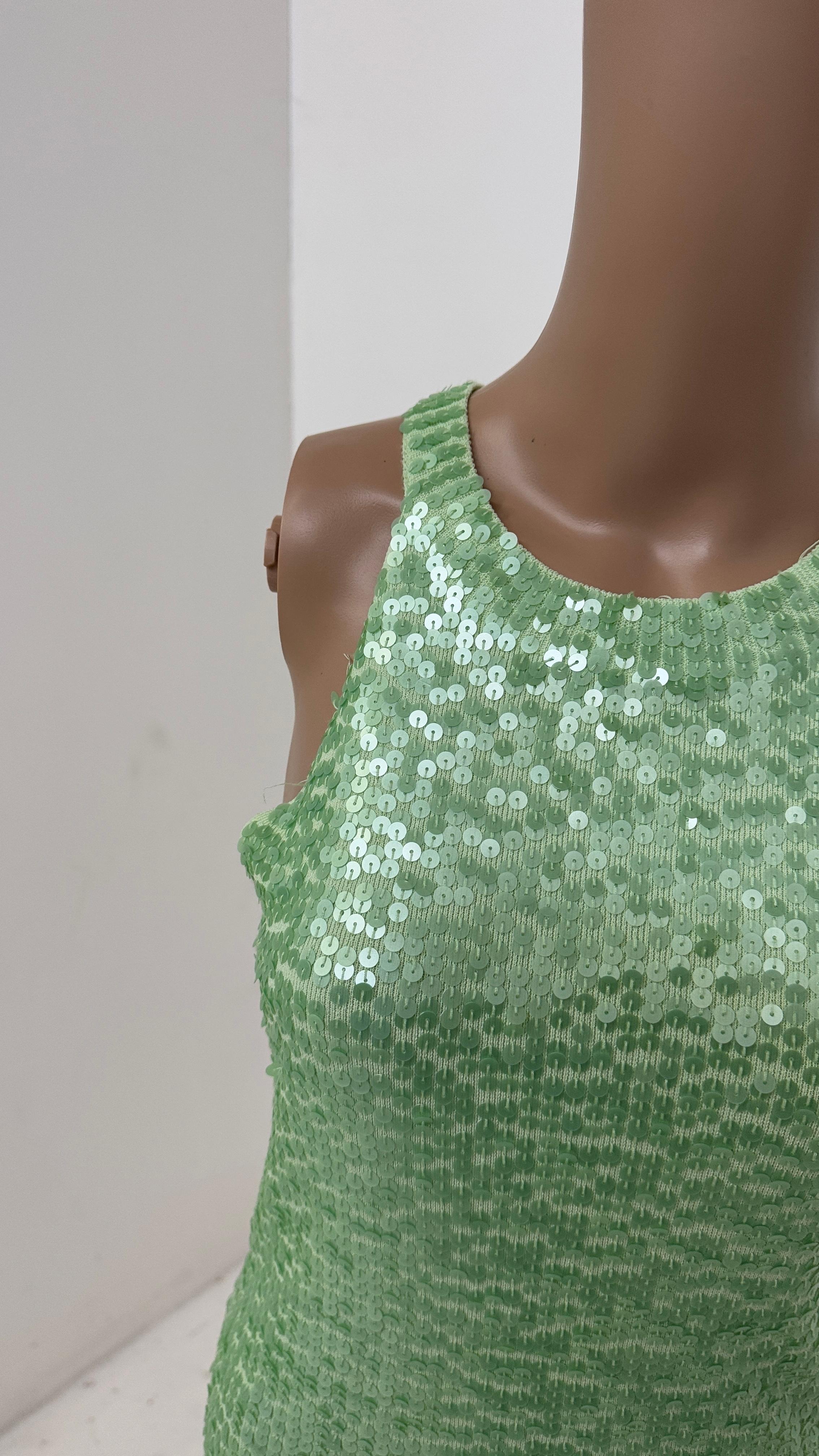 Vintage Lime Green Knit Tank Top with Allover Sequins - We pay for import duty! In Good Condition For Sale In Milano, IT