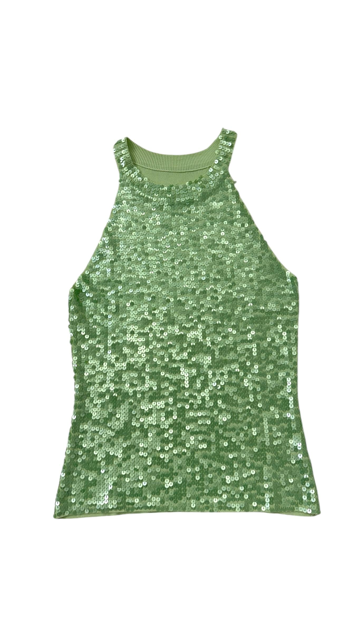 Vintage Lime Green Knit Tank Top with Allover Sequins - We pay for import duty! For Sale 2