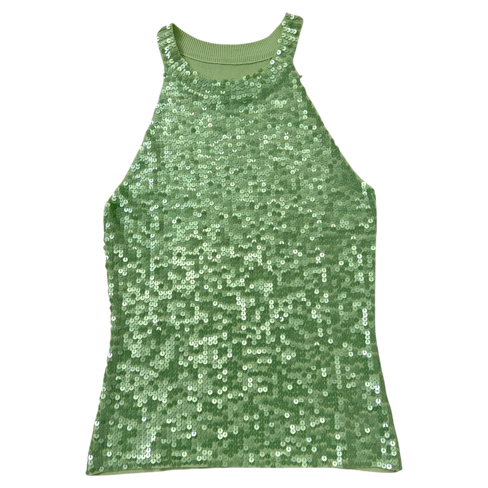 Vintage Lime Green Knit Tank Top with Allover Sequins - We pay for import duty! For Sale