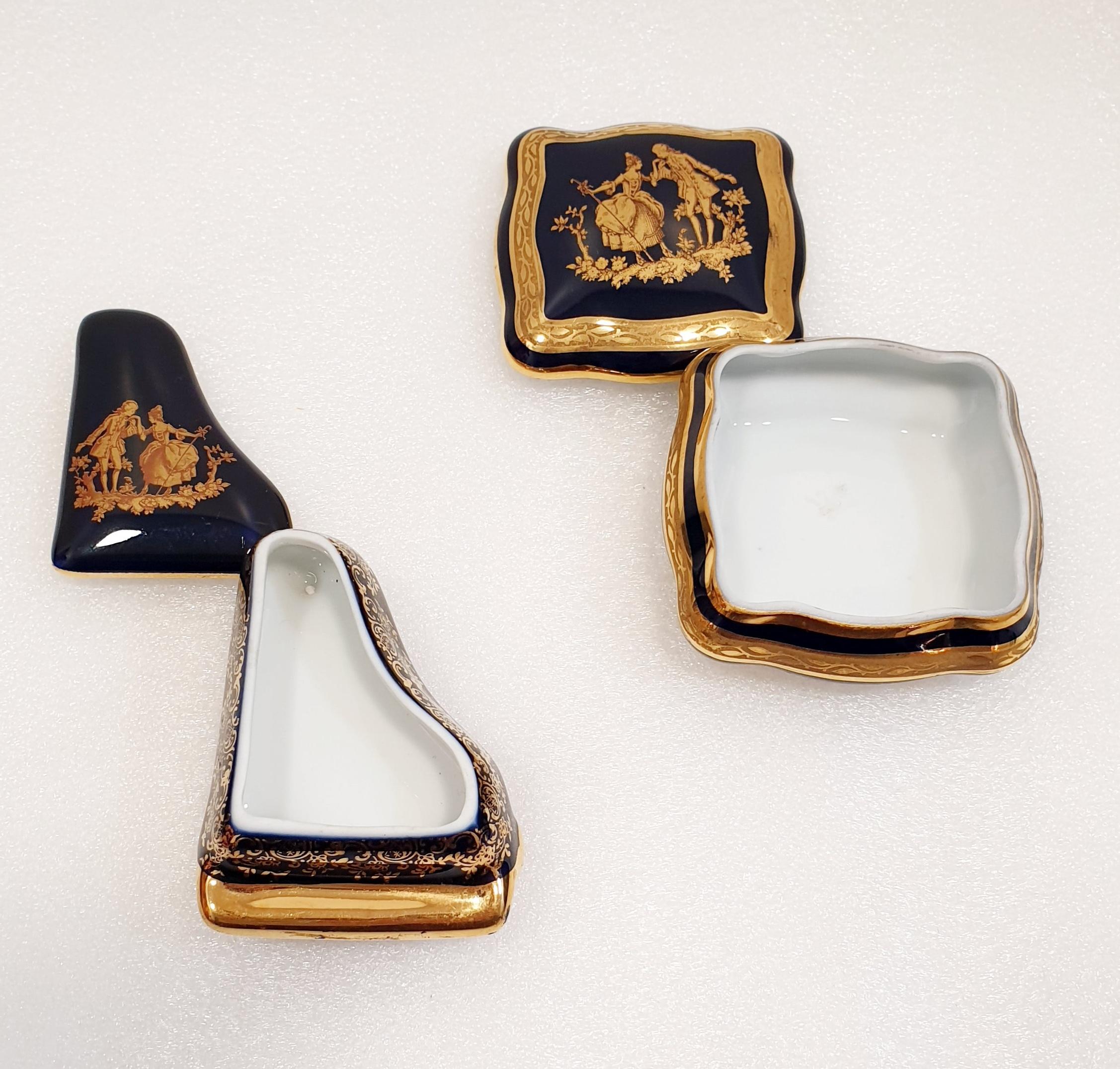 19th Century Vintage Limoges 22k Gold Trinket Jewelry Boxes Louis XVI Courtesan Scene For Sale