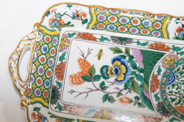 French Vintage Limoges Bernardaud Asian Imari Pattern Porcelain Cake Handled Tray