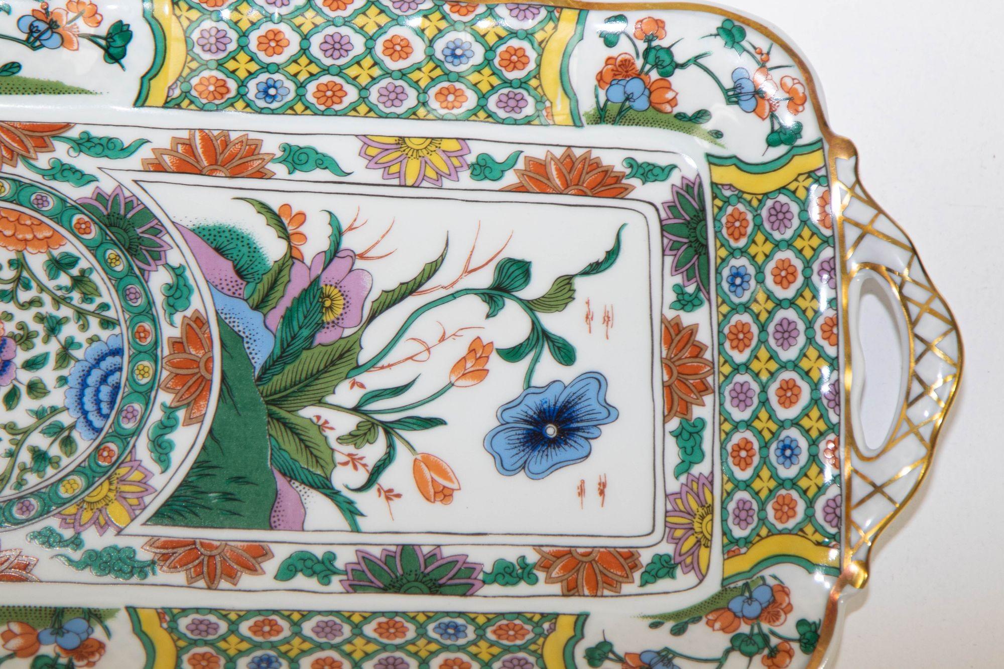 Hand-Painted Vintage Limoges Bernardaud Asian Imari Pattern Porcelain Cake Handled Tray