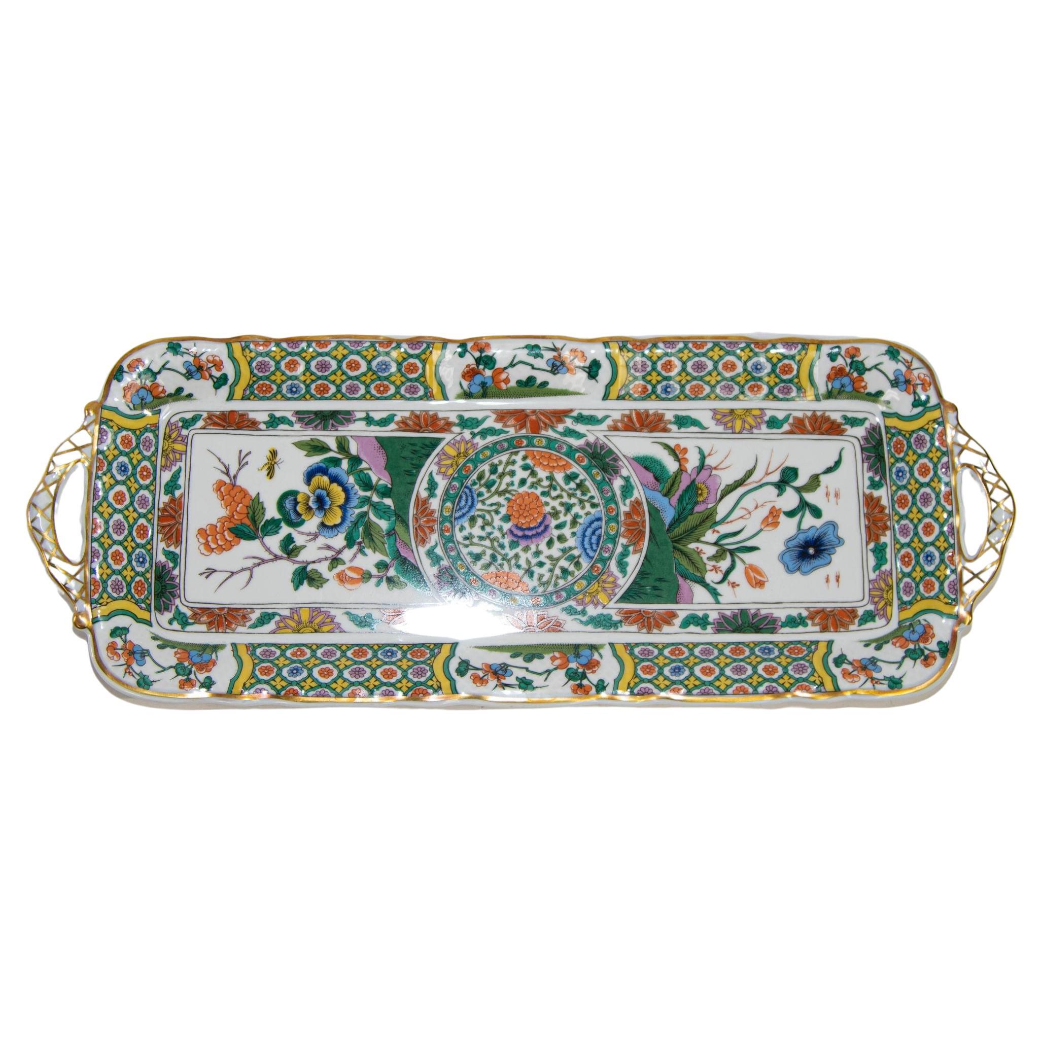 Vintage Limoges Bernardaud Asian Imari Pattern Porcelain Cake Handled Tray