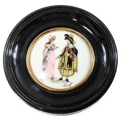 Mini quadro vintage di Limoges Francia in legno e porcellana con scena romantica