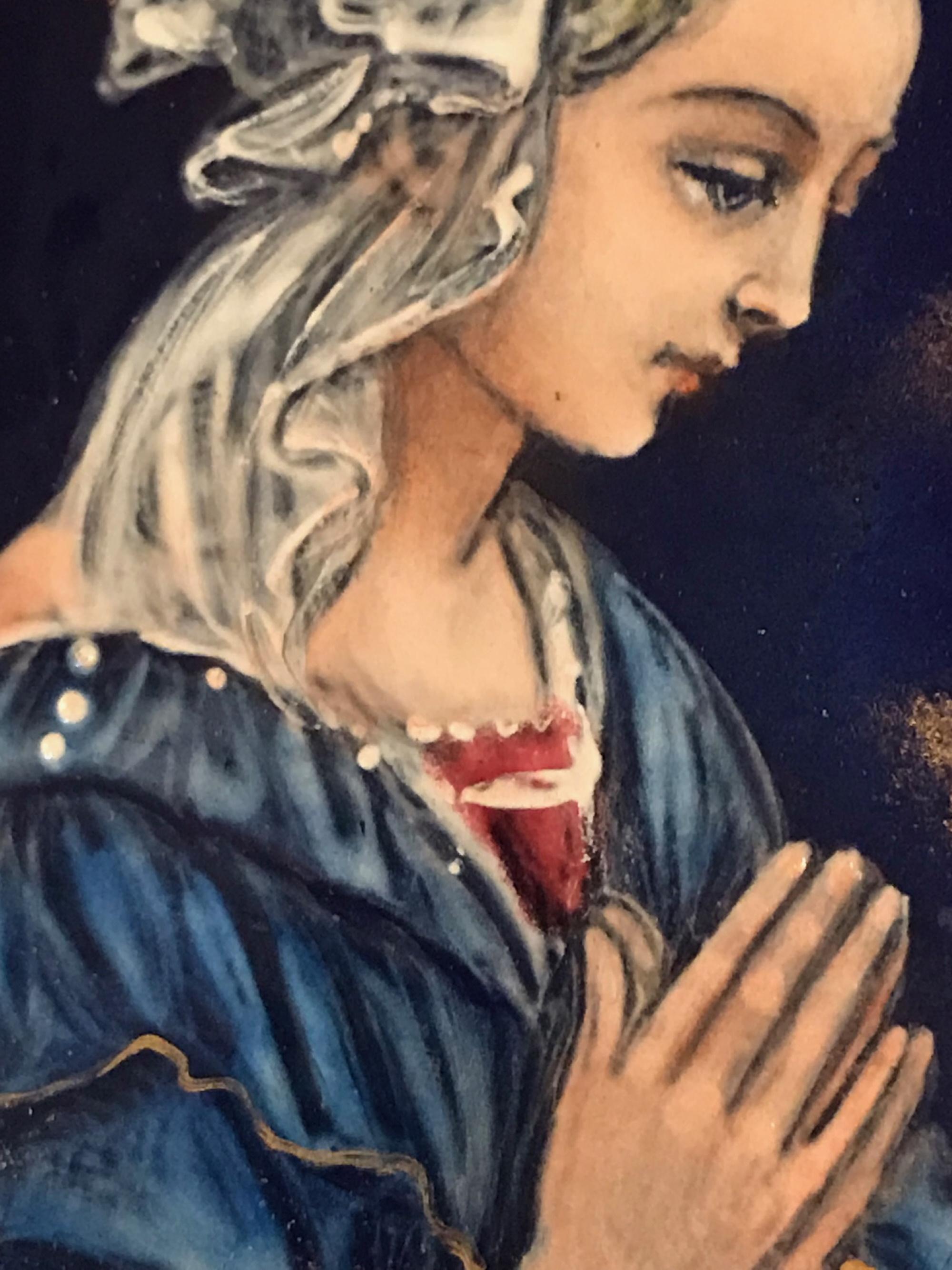 Gothic Vintage Limoges Painting of The Virgin Mary, Enamel on Copper