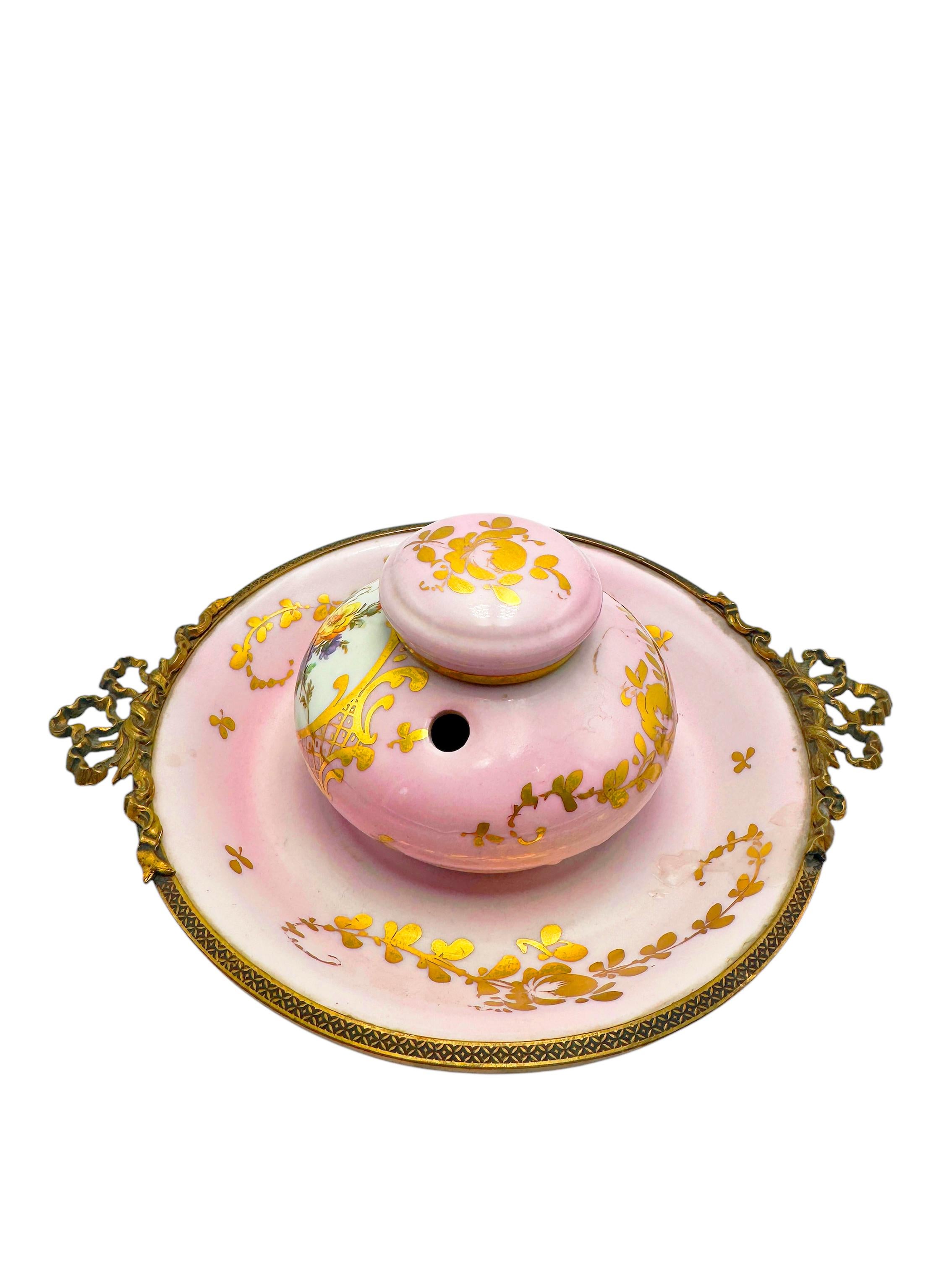 Porcelain inkwell Limoges France Item in the style of Napoleon III made at the turn of the 20th century Before 1890, 1890 to 1919. 
This vintage/antique Limoges porcelain piece colored in gold, rose and white and a bouquet of colored flowers hand