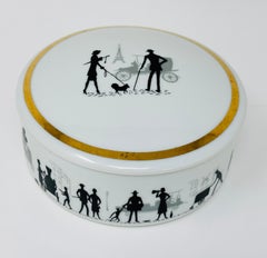 Boîte vintage en porcelaine de Limoges avec couvercle, noir et blanc, silhouette parisienne, années 1980