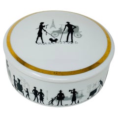 Boîte vintage en porcelaine de Limoges avec couvercle, noir et blanc, silhouette parisienne, années 1980