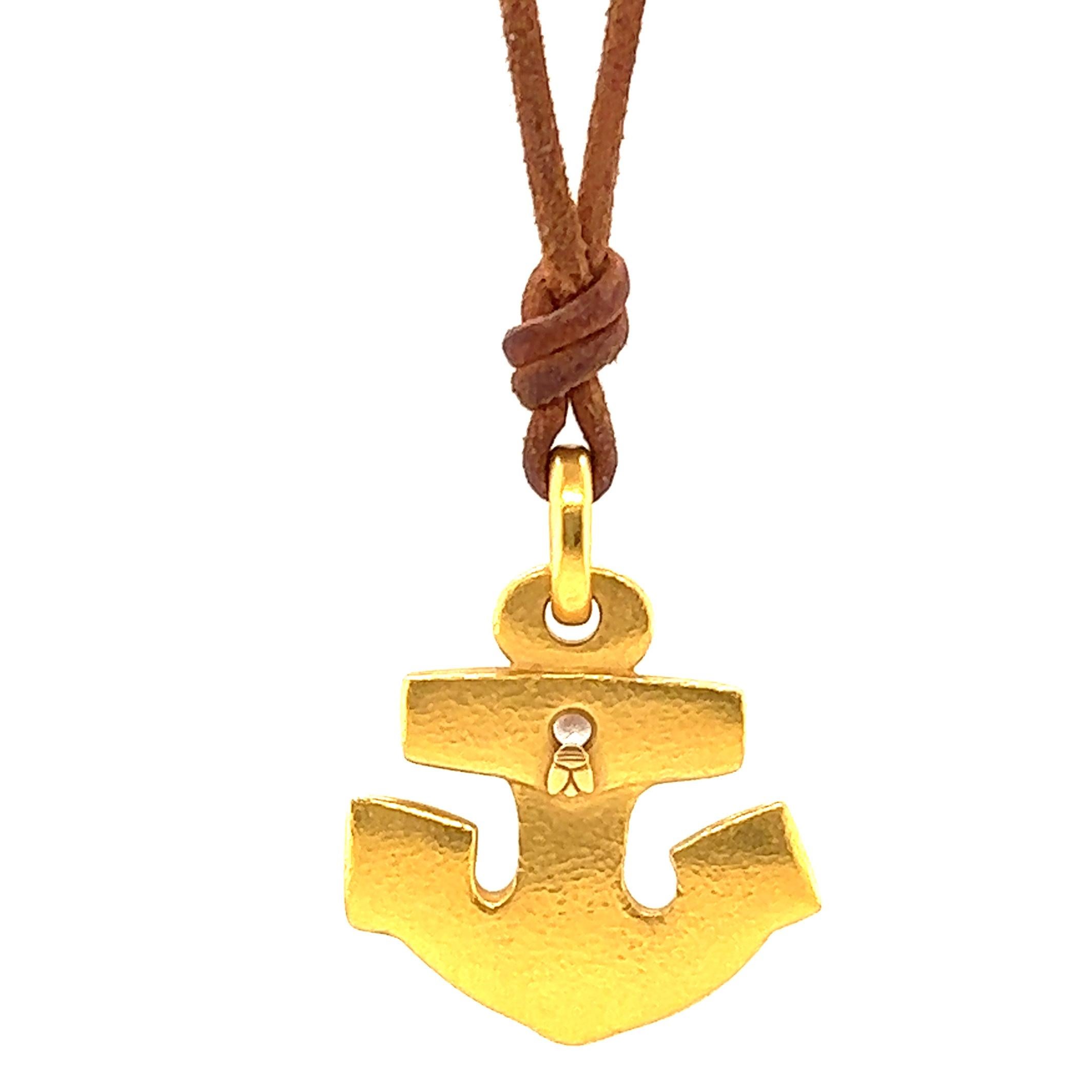 Anker-Halskette, Linda Lee Johnson, Diamant, 21 Karat Gold, Lederkordel im Zustand „Hervorragend“ in Beverly Hills, CA