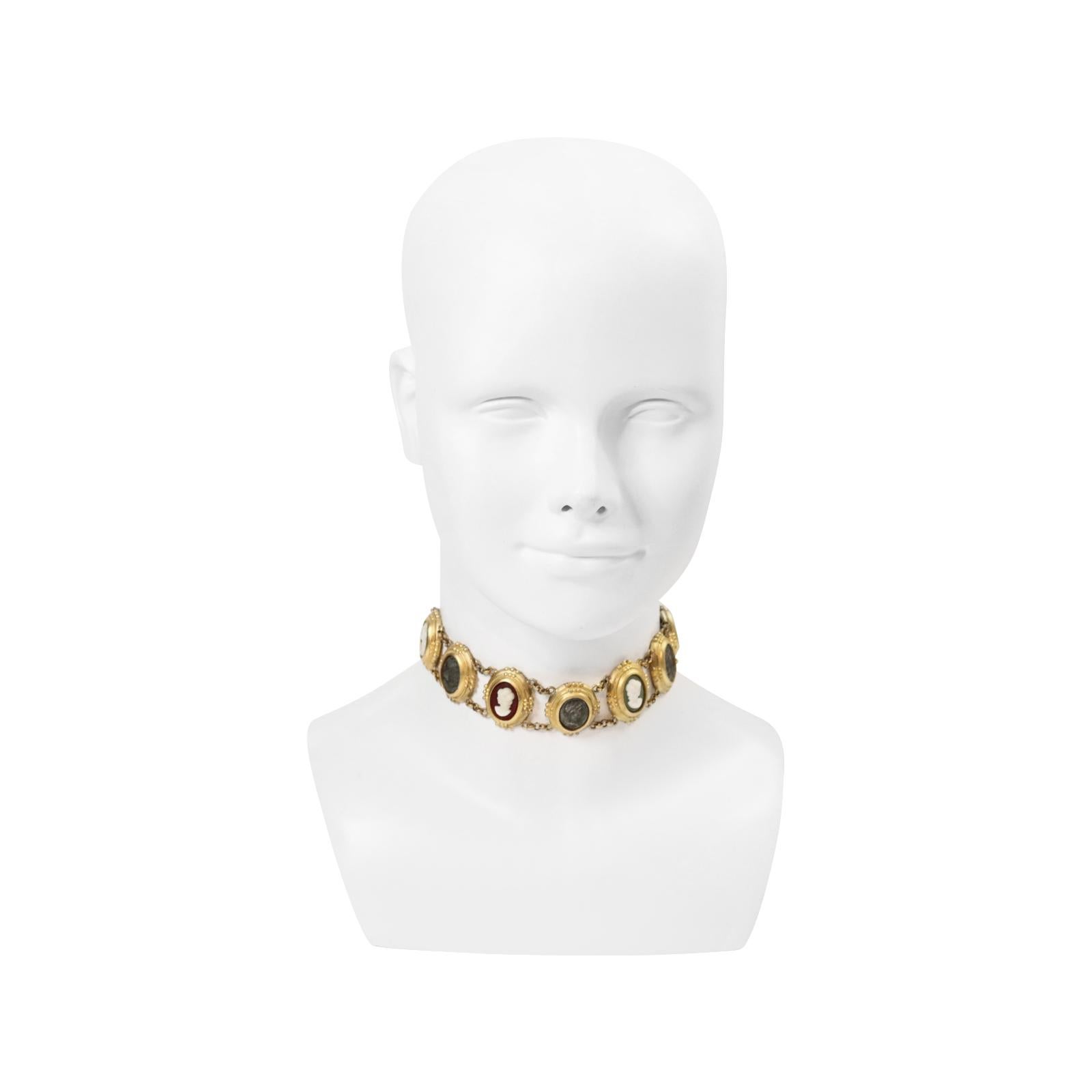 Vintage Linda Levinson Gold Tone Cameo Choker Circa 1980's In Good Condition For Sale In New York, NY
