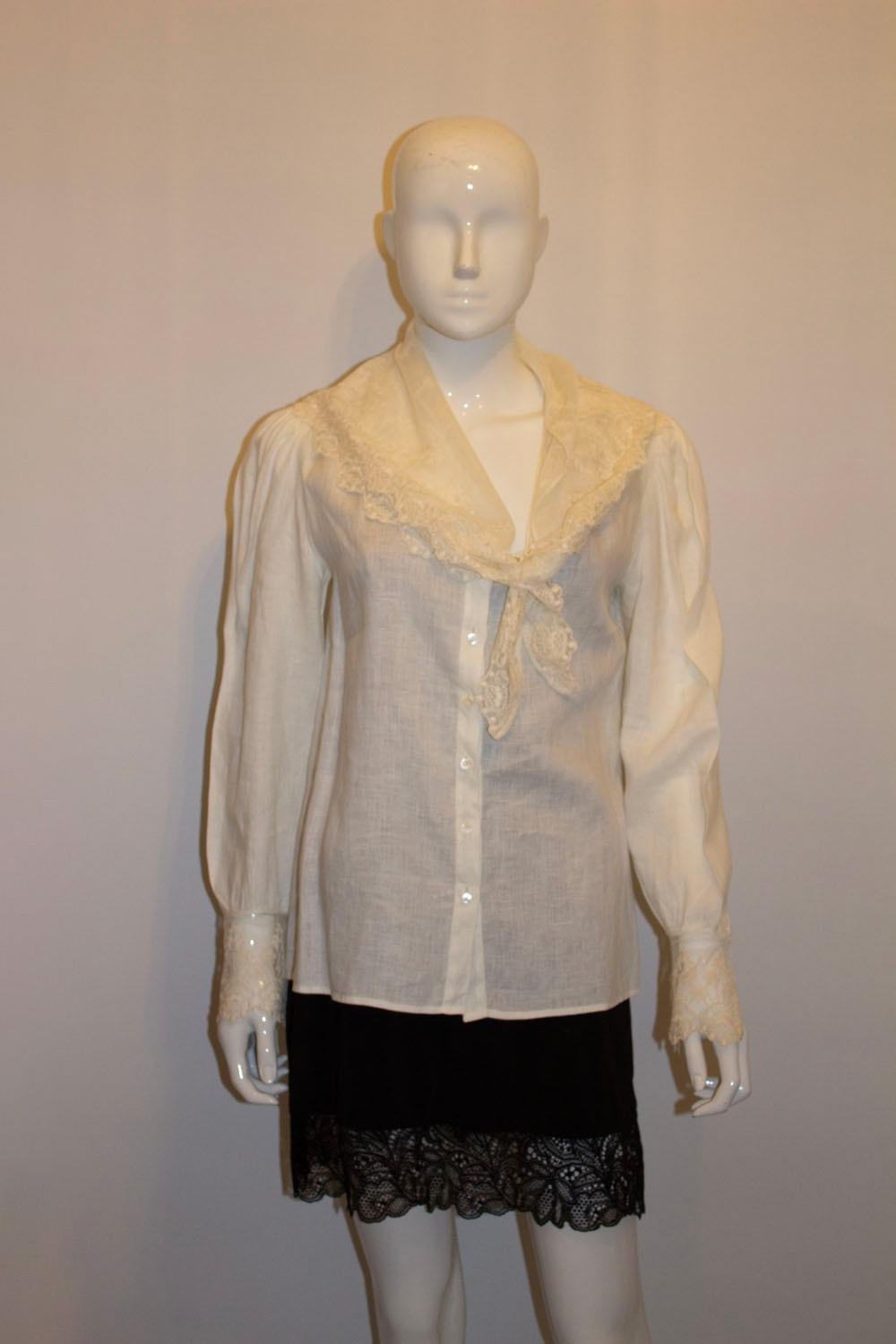 Women's Vintage Linen and Lace Blouse by Ralph Lauren For Sale