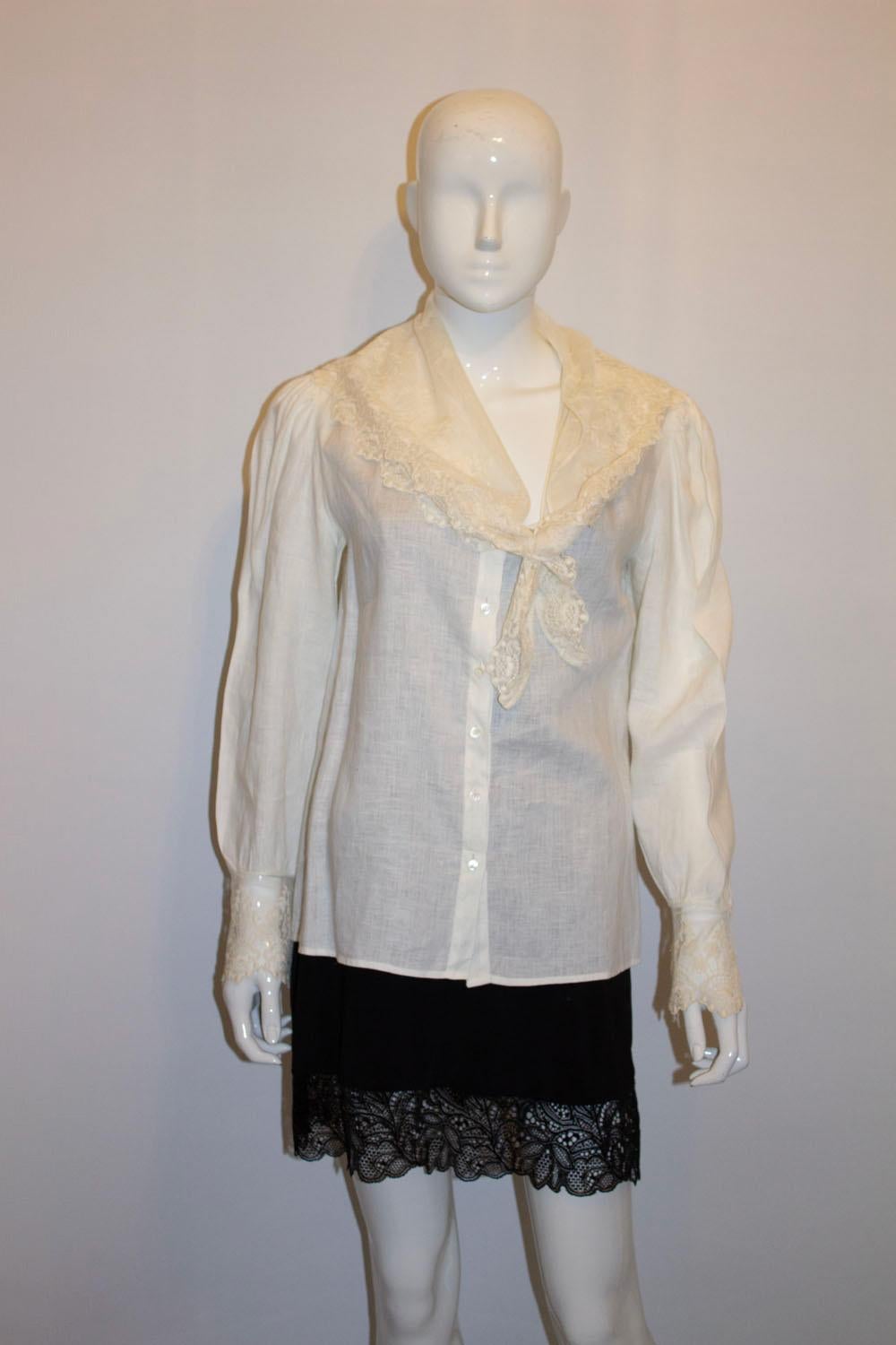 Vintage Linen and Lace Blouse by Ralph Lauren For Sale 2