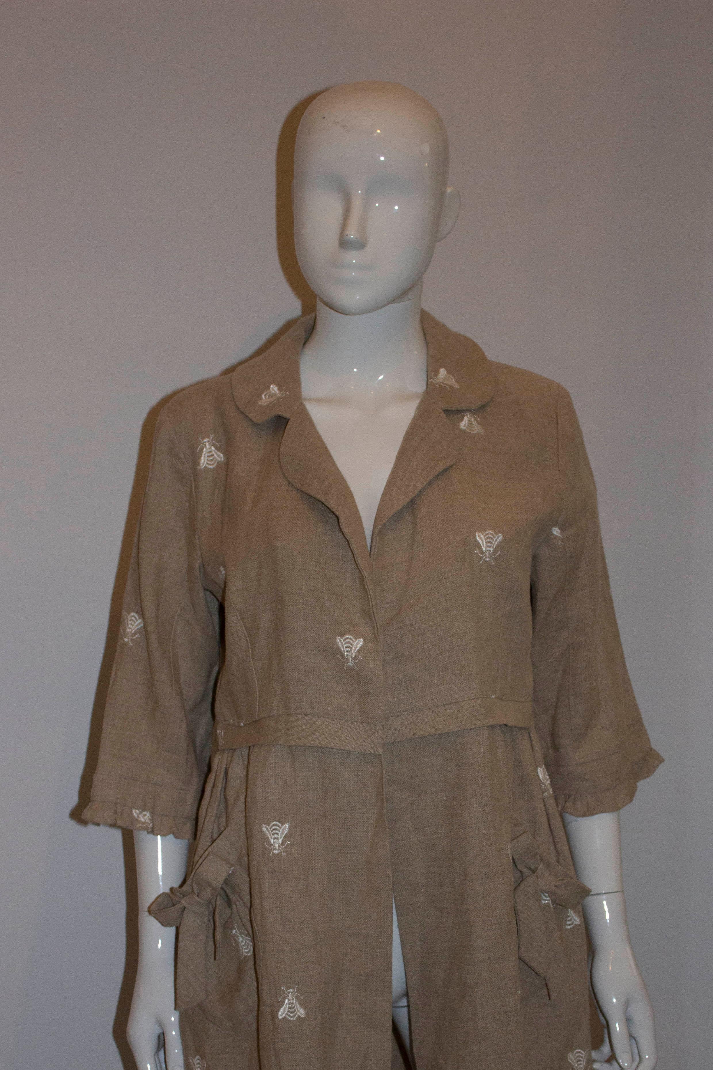 Brown Vintage Linen Duster Coat with White Insect Embroidery