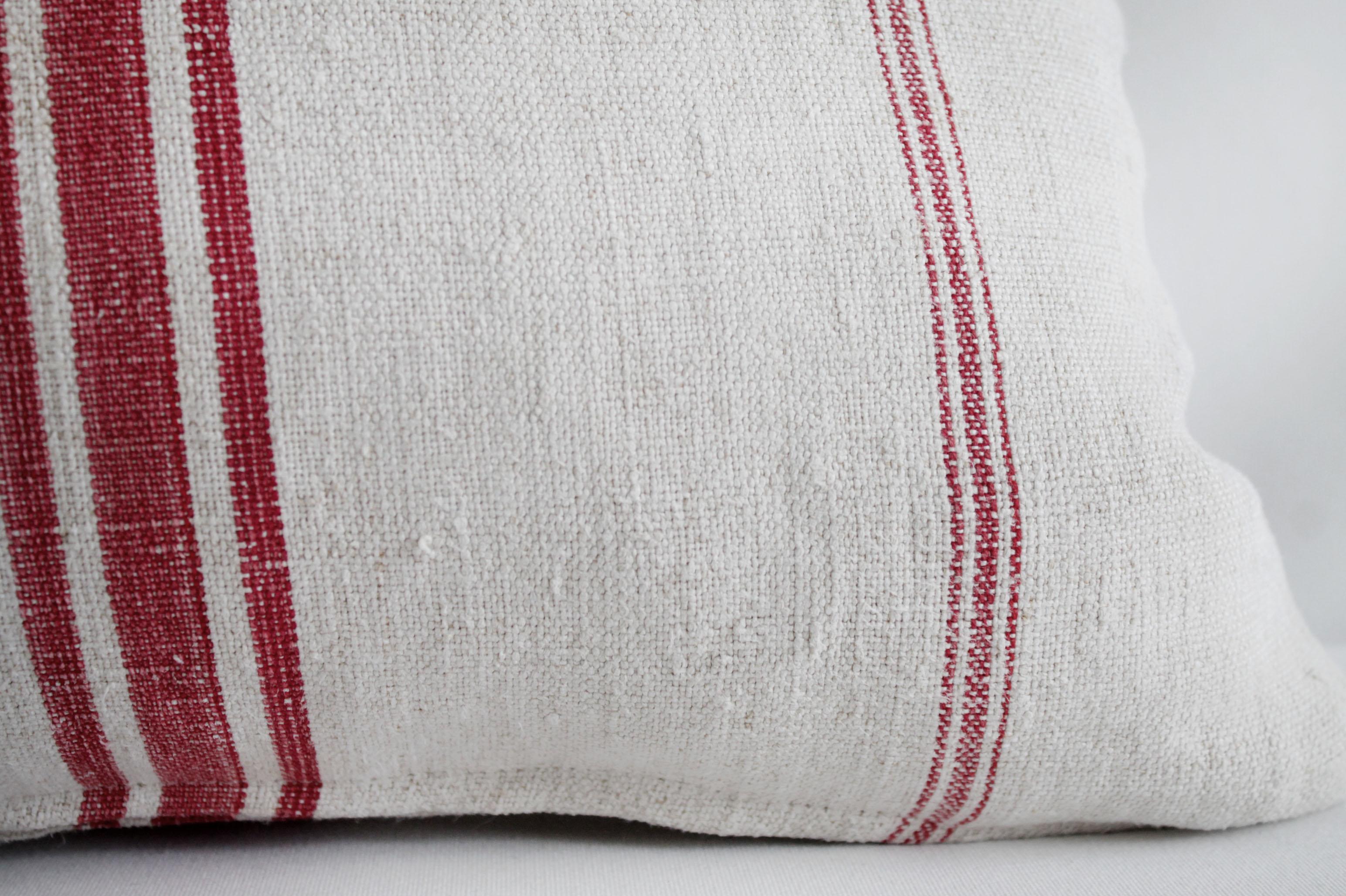 20th Century Vintage Linen Grain Sack Pillow with Red Stripes