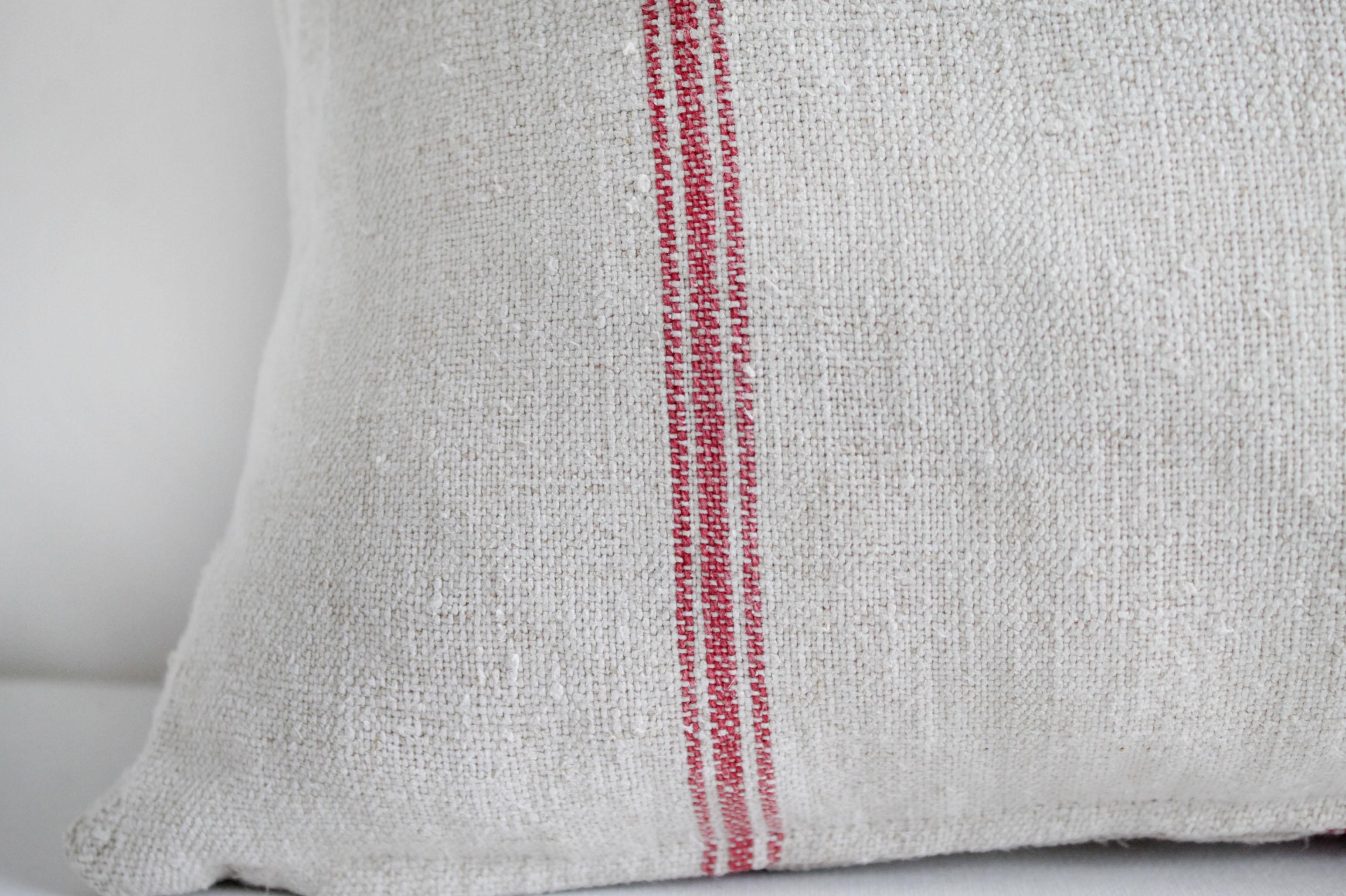 Vintage Linen Grain Sack Pillow with Red Stripes 1