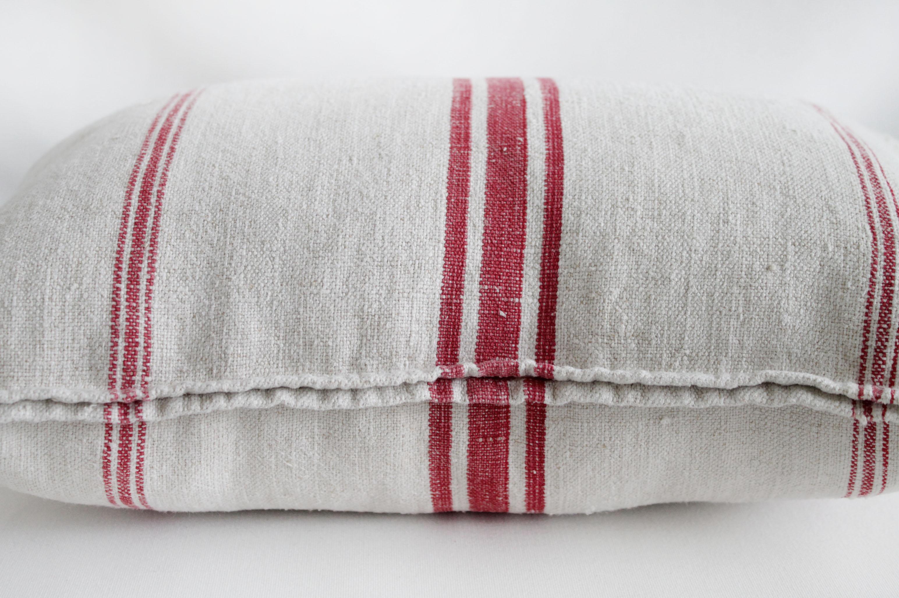 Vintage Linen Grain Sack Pillow with Red Stripes 2
