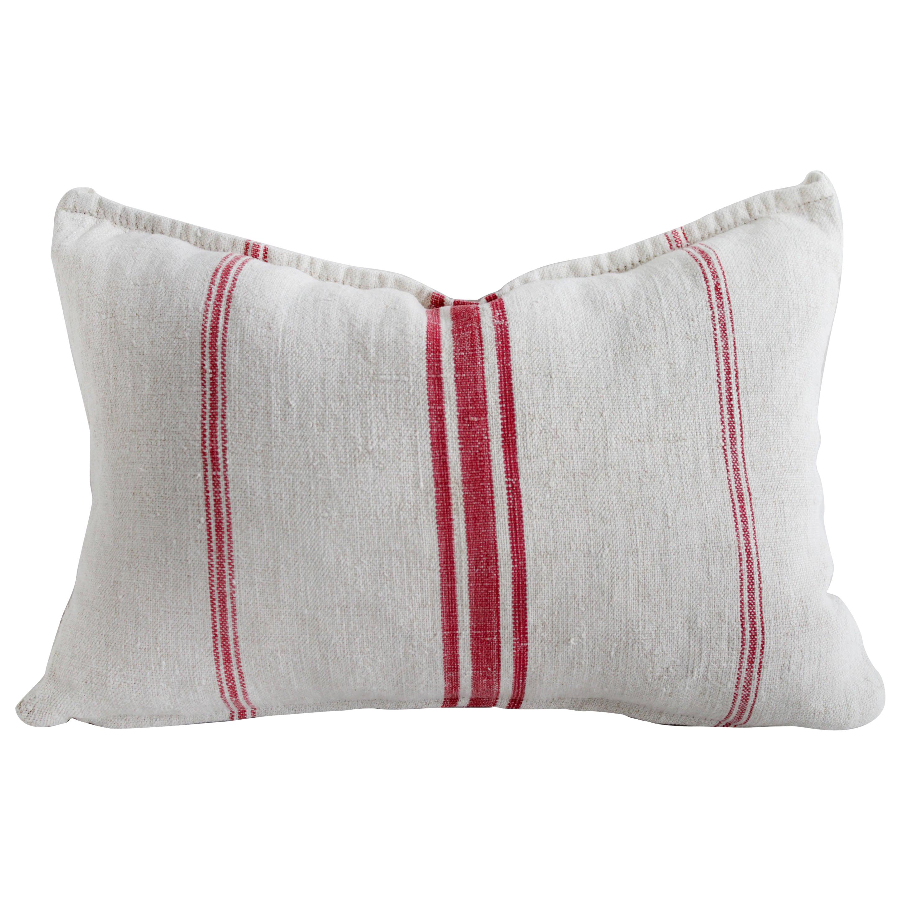 Vintage Linen Grain Sack Pillow with Red Stripes