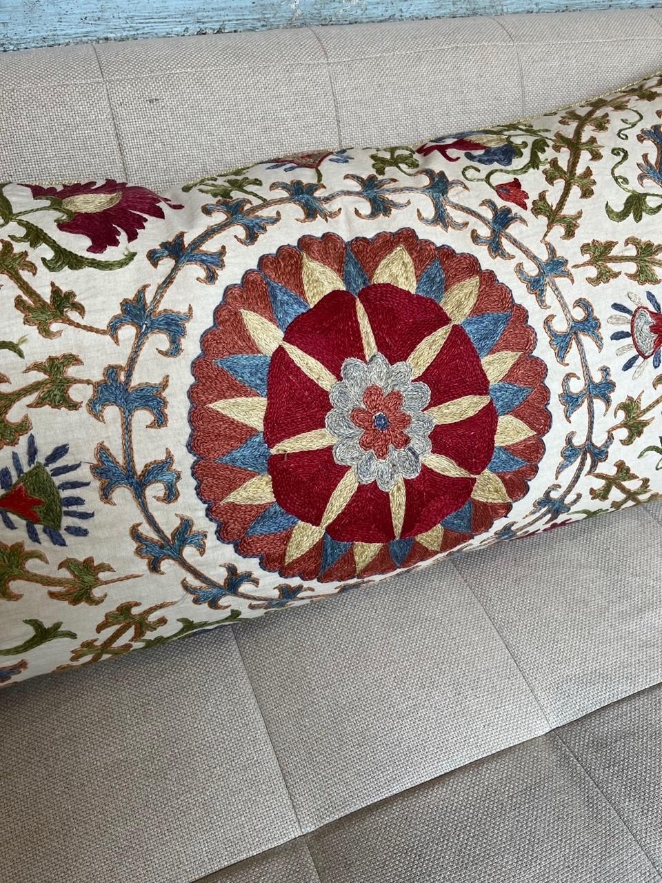 Vintage Hand Embroidered Linen Suzani Pillow