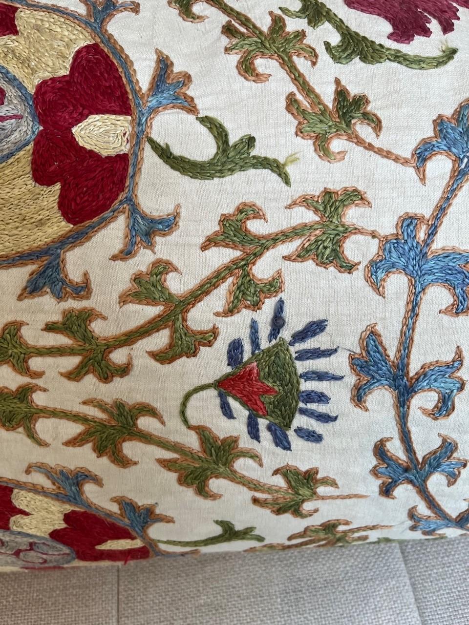 Vintage Linen Hand Embroidered Suzani Pillow For Sale 3