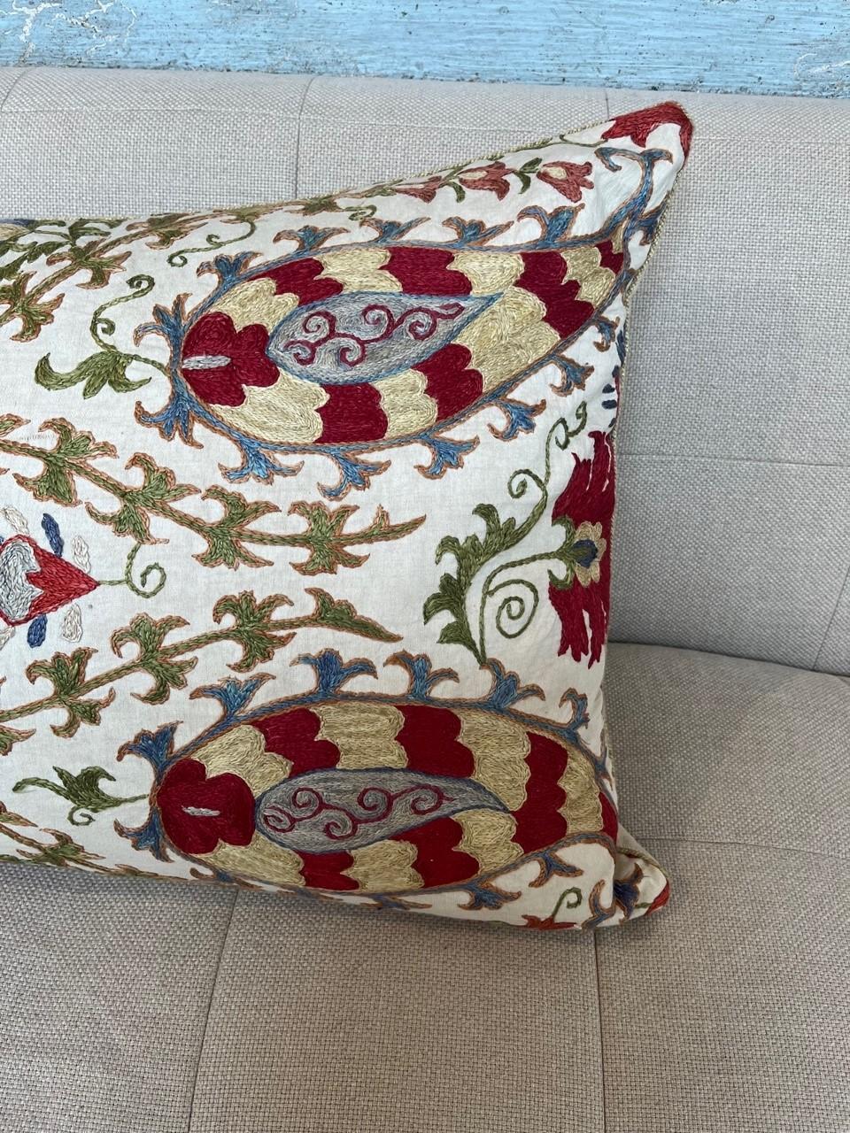 Vintage Linen Hand Embroidered Suzani Pillow For Sale 6